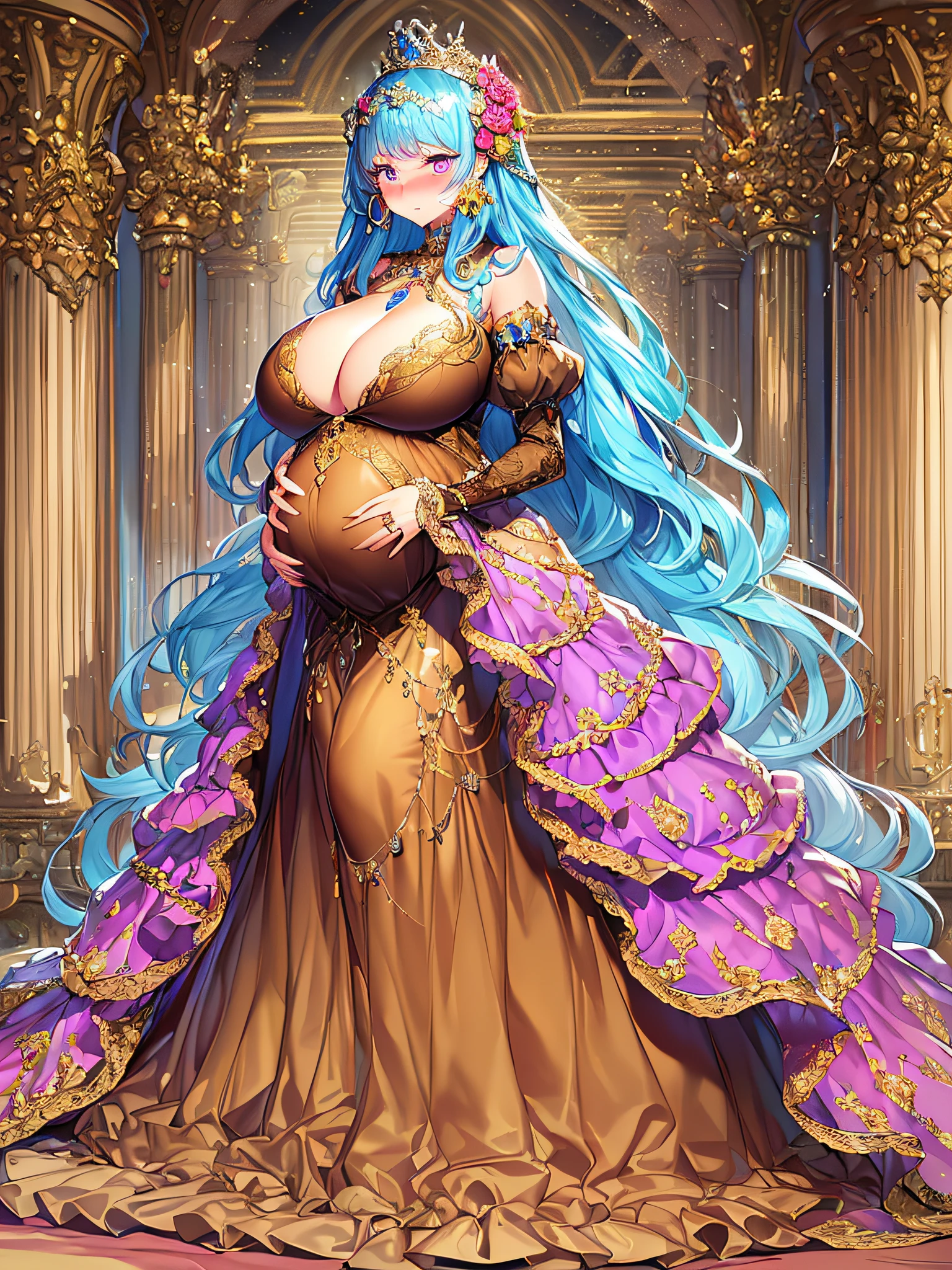 ((anime artstyle)),(Masterpiece),(Best Quality), (Super Detail),((Very Delicate and Beautiful)),(((Solo))),((full body)),(((1 bling-bling pregnant princess in beautiful embroidery and jeweled gorgeous rococo ball gown dress with voluminous full length hoop skirt))),(((heavily pregnant))),very big pregnant belly,((royal bedroom)),((bling-bling)),Long train,(bling-bling gorgeous gemstone jewelry),detailed face and eyes,jewel-like eyes,cry,((embarrassed)),((large amount of straight hair,extremely voluminous Very Long Hair,Very Long Straight Hair)),(((gigantic tits,Long tits))),cleavage,(gorgeousfull embroidery and lace),gorgeous corsage,See-through,extremely gorgeousfull hair ornament,((bling-bling extremely gorgeousfull jeweled tiara)),ornate ruffles,(hoop skirt,crinoline),((Dynamic Angle)),Looking at viewer,((full body)),((beautiful embroidery and jeweled extremely gorgeous rococo ball gown dress with voluminous full length hoop skirt))