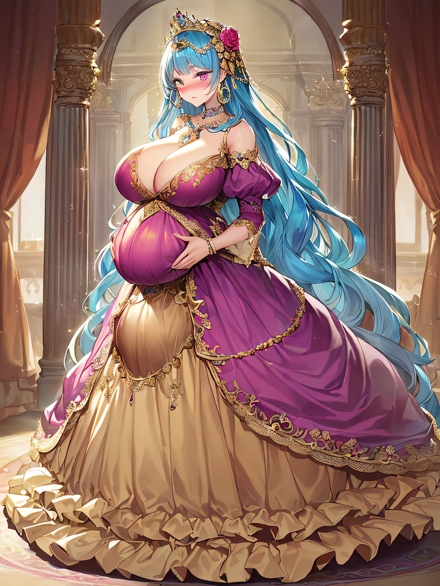 ((anime artstyle)),(Masterpiece),(Best Quality), (Super Detail),((Very Delicate and Beautiful)),(((Solo))),((full body)),(((1 bling-bling pregnant princess in beautiful embroidery and jeweled gorgeous rococo ball gown dress with voluminous full length hoop skirt))),(((heavily pregnant))),very big pregnant belly,((royal bedroom)),((bling-bling)),Long train,(bling-bling gorgeous gemstone jewelry),detailed face and eyes,jewel-like eyes,cry,((embarrassed)),((large amount of straight hair,extremely voluminous Very Long Hair,Very Long Straight Hair)),(((gigantic tits,Long tits))),cleavage,(gorgeousfull embroidery and lace),gorgeous corsage,See-through,extremely gorgeousfull hair ornament,((bling-bling extremely gorgeousfull jeweled tiara)),ornate ruffles,(hoop skirt,crinoline),((Dynamic Angle)),Looking at viewer,((full body)),((beautiful embroidery and jeweled extremely gorgeous rococo ball gown dress with voluminous full length hoop skirt))