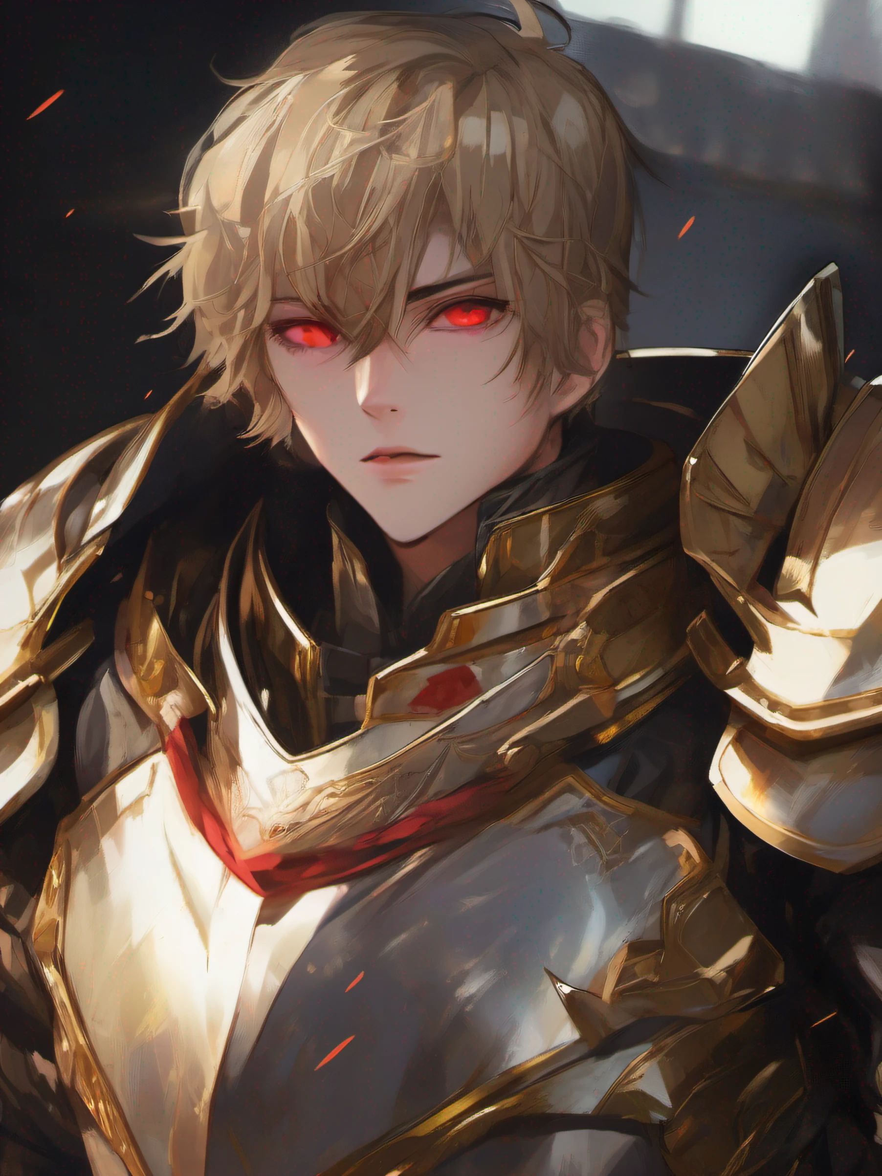 Illustration of thick acrylic on pixiv，illustratio，a handsomeboy，whaite hair，red eyes，Gloomy expression，Flashy clothes，Gold armor，deep dark background，High-quality color scheme，super rich detail，8K，Best quality at best，head portrait