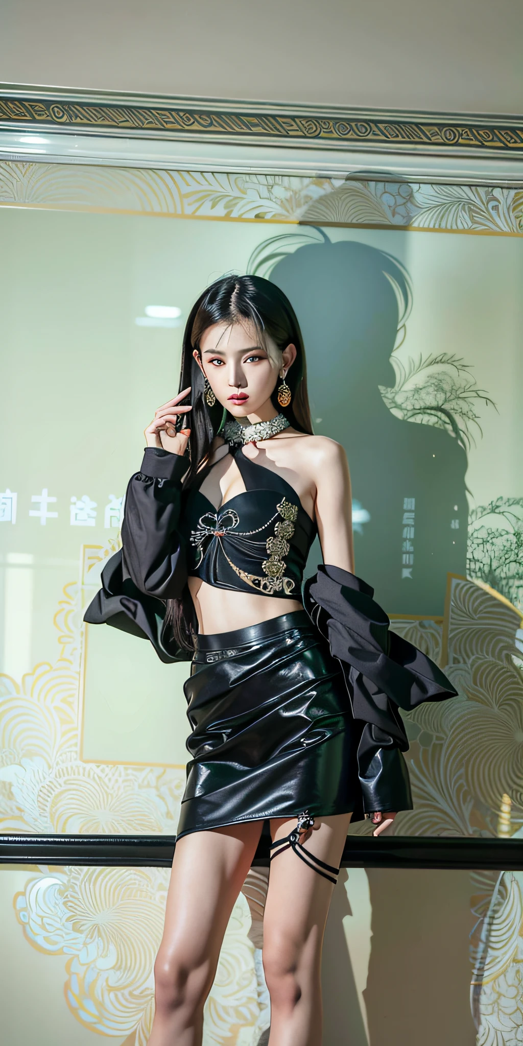 araffe woman in a black dress posing for a picture, full-body xianxia, Cai Xukun, shaxi, xision wu, gorgeous chinese models, jia, Lu Ji, wenfei ye, xintong chen, inspired by Wang E, wei wang, Inspired by Huang Ji, inspired by Wang Meng, trending at cgstation, jinyiwei