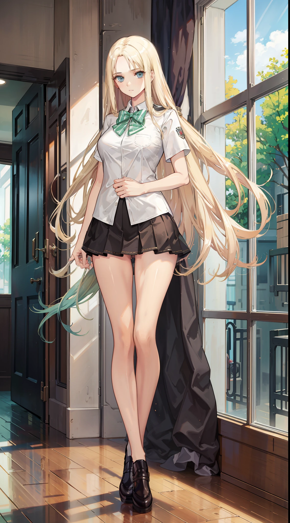 "Blonde hair and long hair flowing elegantly, wearing a school uniform with a stylish short skirt, showcasing slim and graceful legs."