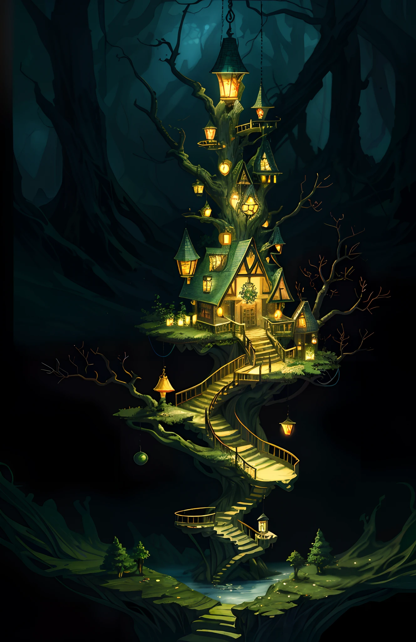 Tree house in forest swamp filled with lamps candles lanterns, ghostlights, whimsical fantasy landscape art, magical concept art, magical environment, 4k highly detailed digital art, background artwork, detailed fantasy digital art, a bustling magical town, fantasy matte painting,cute, fantastical setting, fantasy painting hd, masterpiece, best quality, high quality,extremely detailed CG unity 8k wallpaper, artstation, digital illustration, intricate, trending, pastel colors, oil paiting, award winning photography, Bokeh, Depth of Field, HDR, bloom, Chromatic Aberration ,Photorealistic,extremely detailed, trending on artstation, trending on CGsociety, Intricate, High Detail, dramatic, art by midjourney