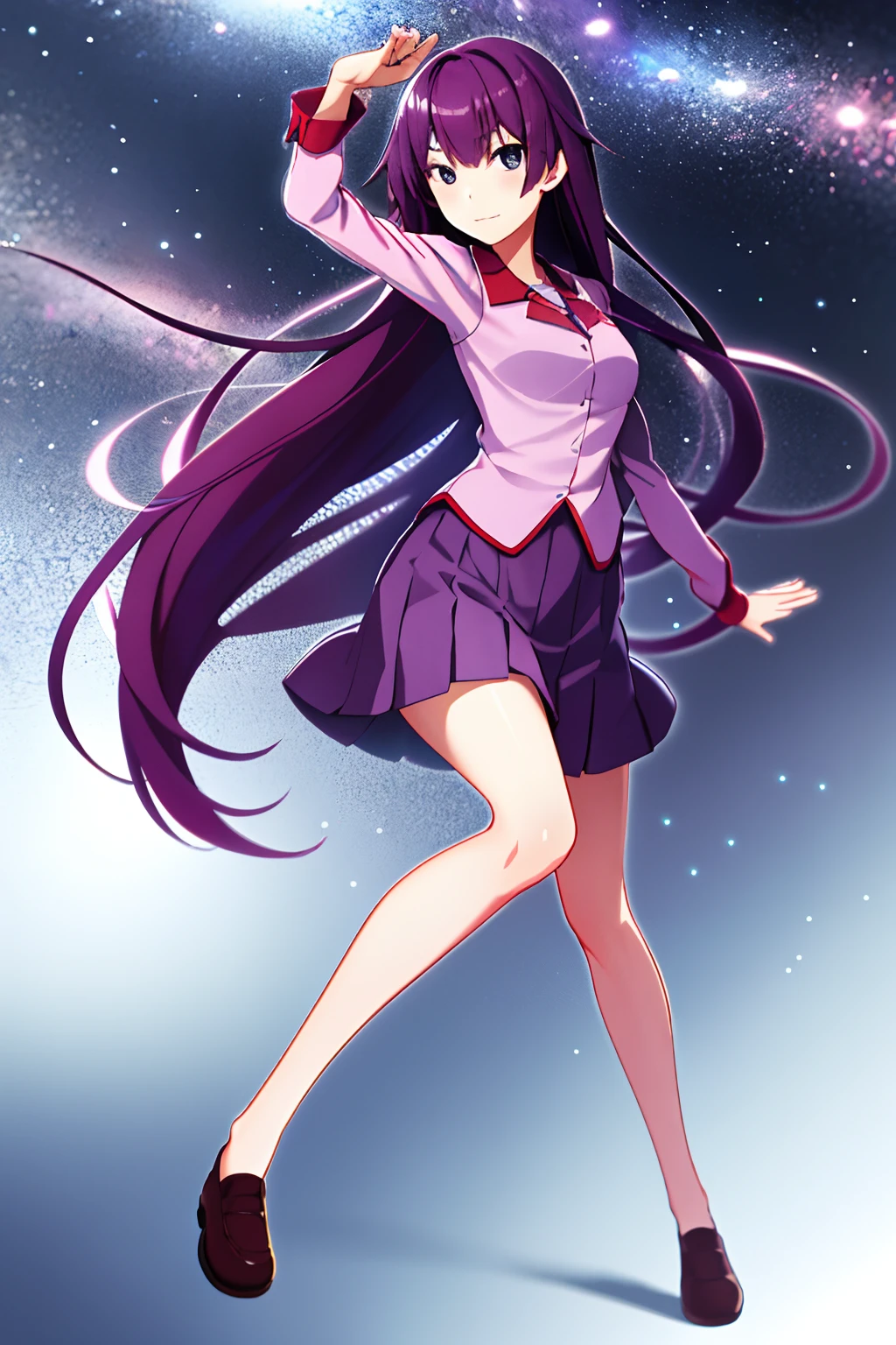 1girll,，Emoji seduction，senjougahara hitagi, Solo, upper legs, Skirt, Long hair, Naoezu High School uniform, Blue eyes, Juliet sleeves, school uniform, Purple hair, shirt, zettai ryouiki, Medium breasts, Very long hair, Purple skirt, Miniskirt，dancing in a night club,Full body photo