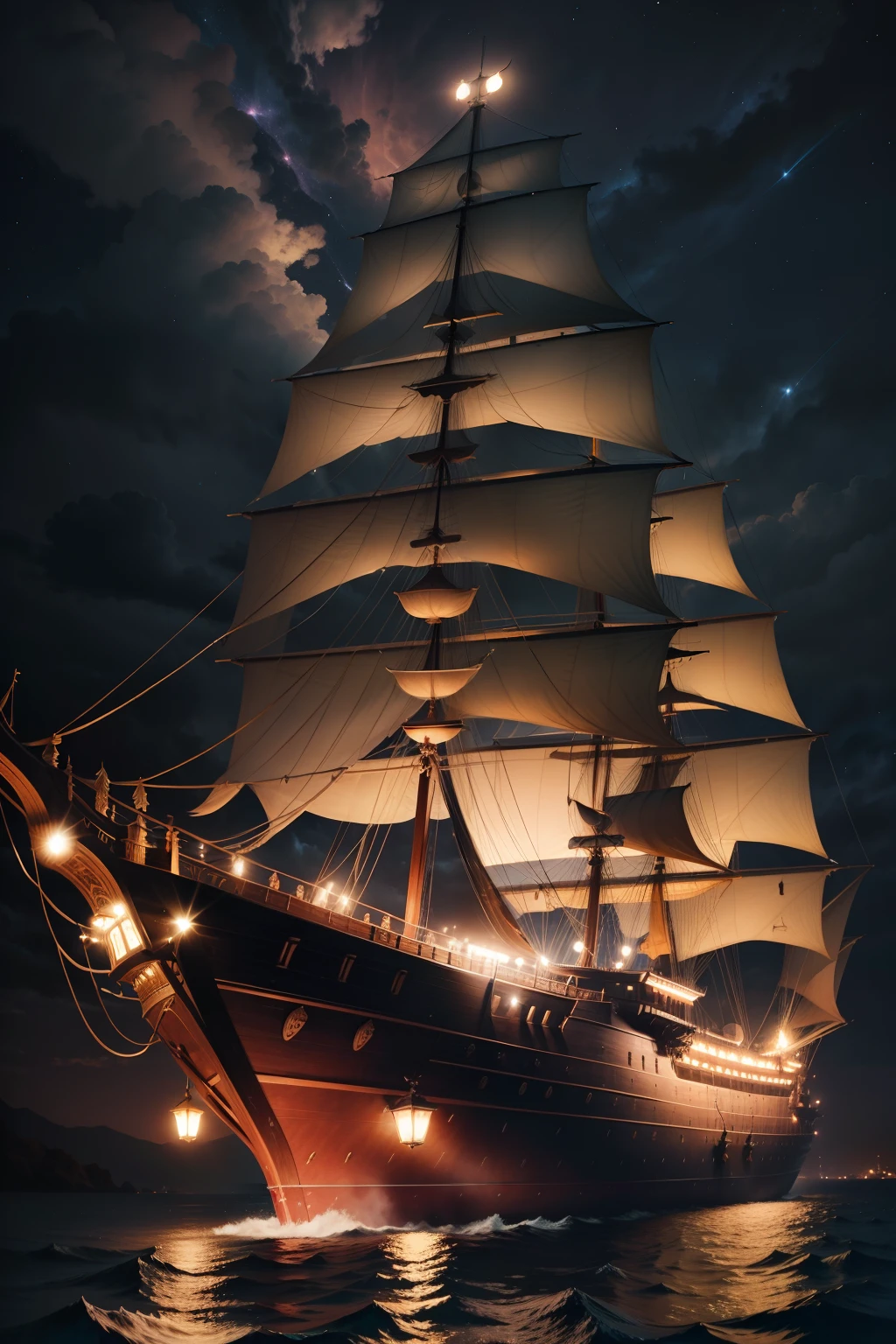 Realistic caravel at night with dark sky