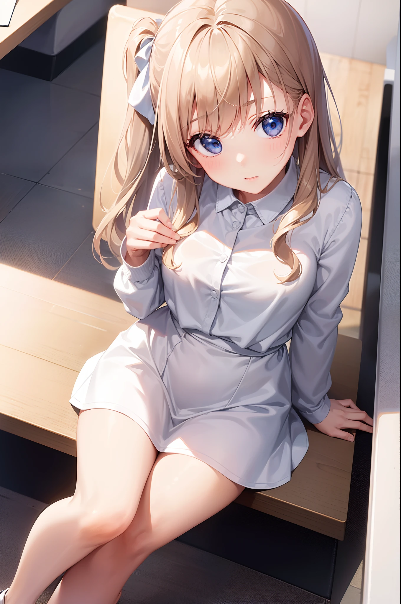 1 girl, making a confession, (holding a white stationary), ashamed, looking at viewer, from above