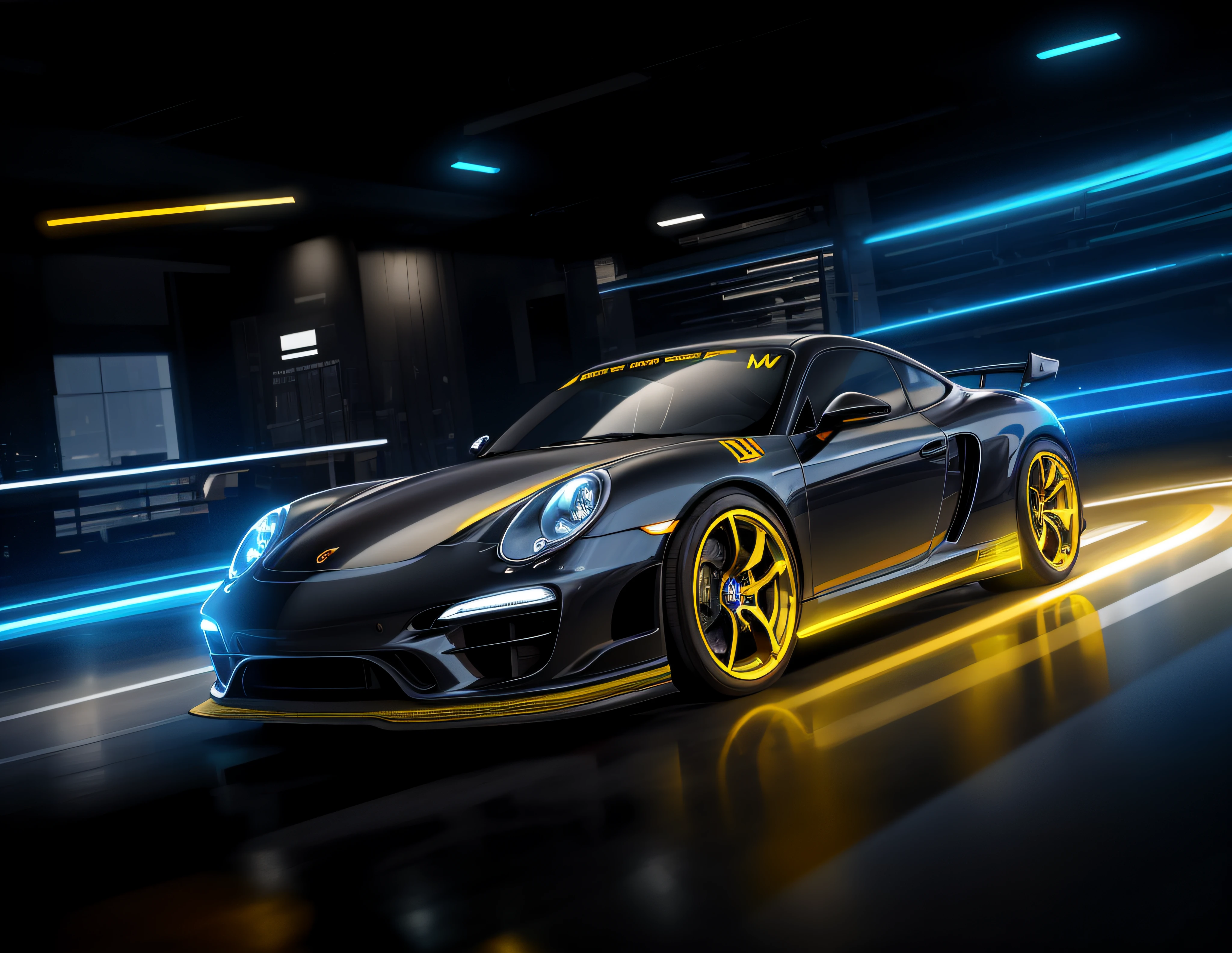 um carro esportivo preto com luzes amarelas na lateral, porsche, Vray Neon Brilhante, Headlights glow with neon light, car with holographic paint, 3d high octane render, highlight lighting : : onyx, renderizado em keyshot, Octane CGsociety, Super renderizado em octano render, vehicle concept photo!!, produto futurista carro tiro, artistic rendering