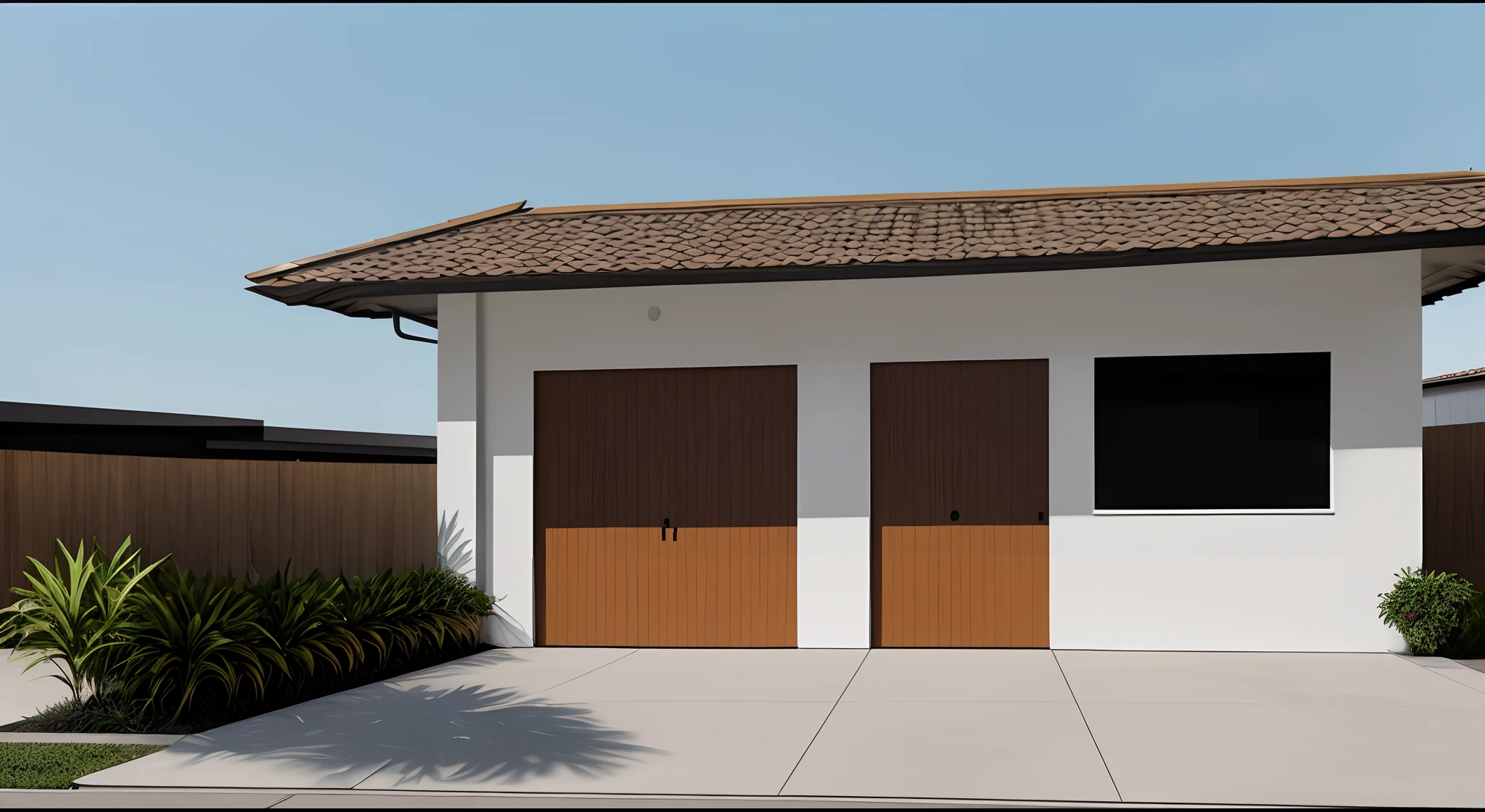 There is a garage with two doors and a roof on the side of the building, garagem, car garage, 3 portas, large overhangs, Modern setting, em frente a uma garagem, Portas, crisp smooth clean lines, symmetrical realistic, digital render, garagem, residencial, foto hiper-detalhada, telhado laranja, shed roof, Estilo foto-realista