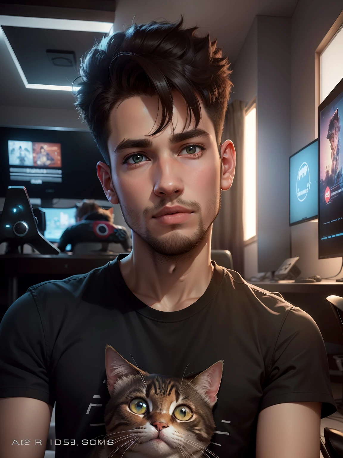 Young cute boy, gaming room background, High resolution, cat cartoon pic on t shirt
