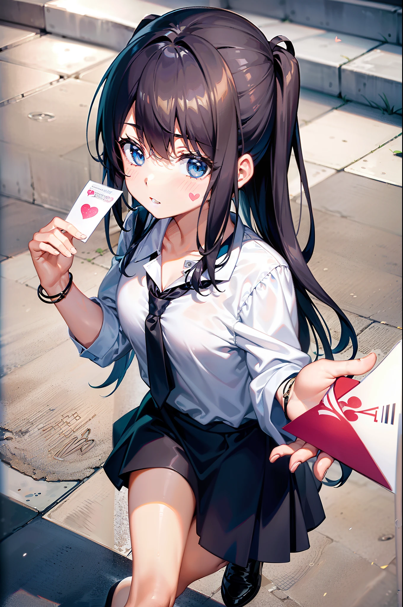 1 girl, making a confession, (holding a white envelope with heart mark), ashamed, looking at viewer, from above