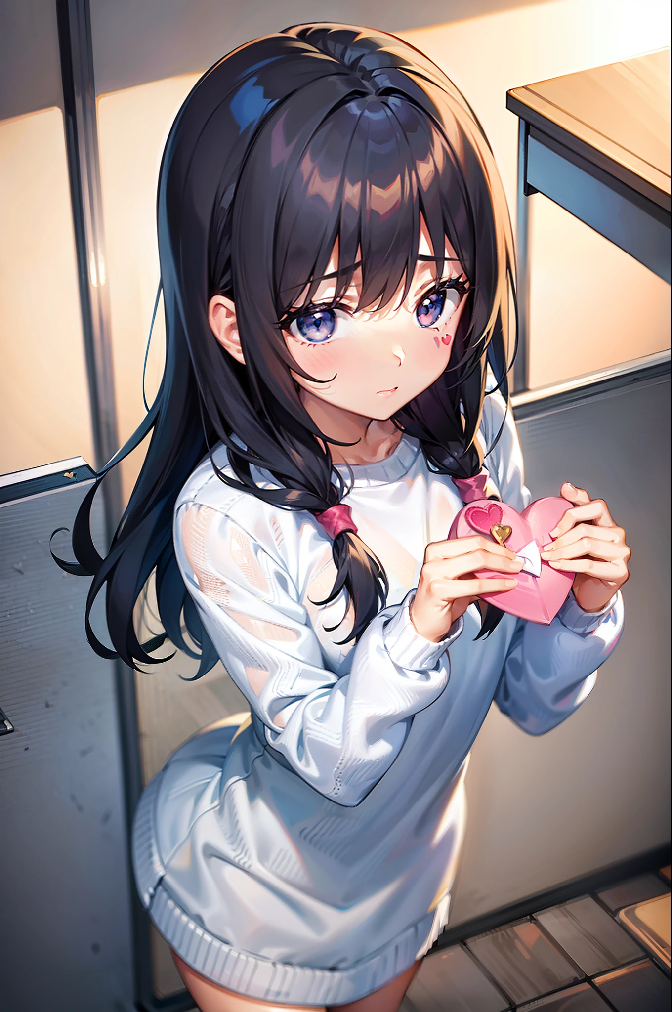 1 girl, making a confession, (holding a white envelope with heart mark), ashamed, looking at viewer,  from above