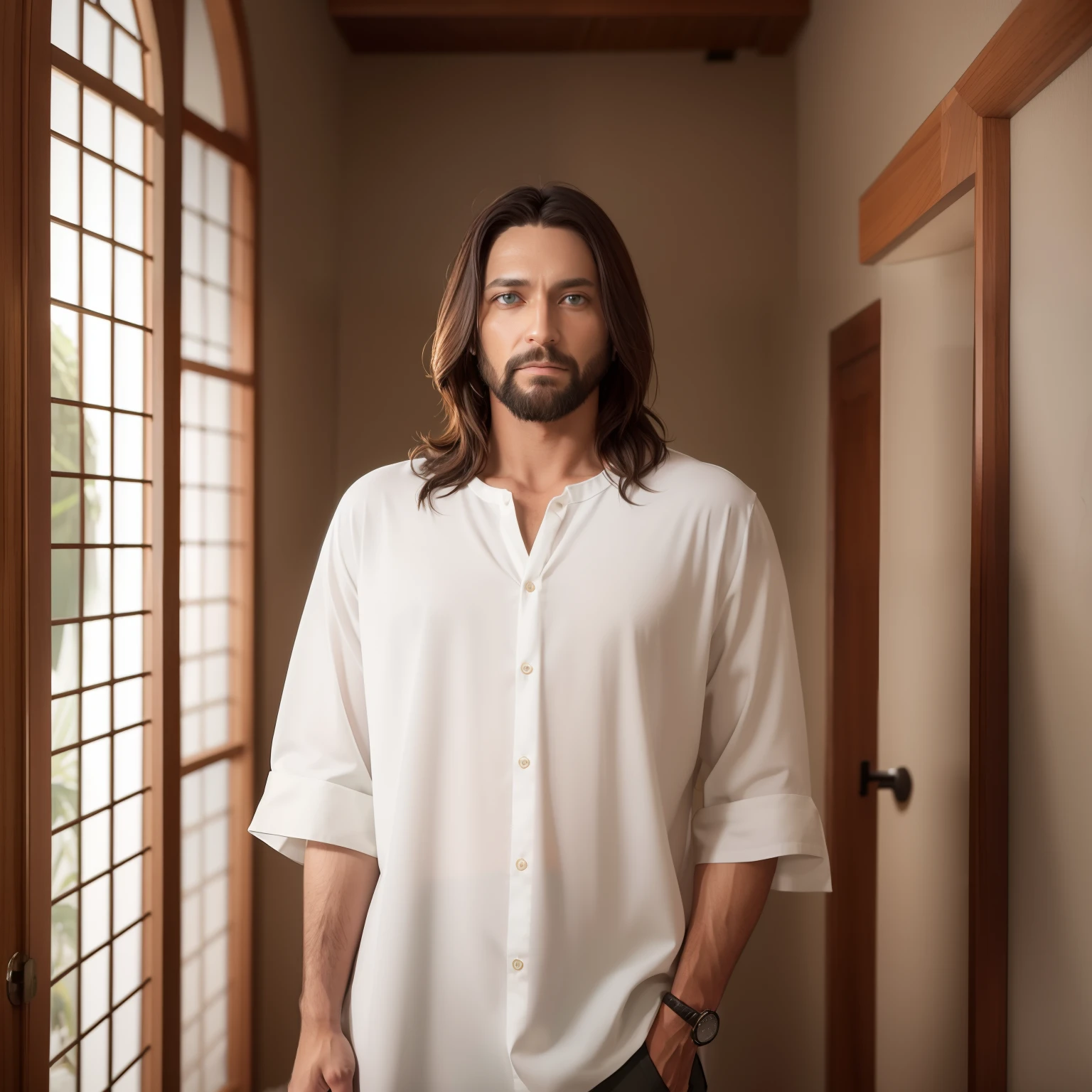 Um homem Jesus com roupas modernas, obra-prima, ray tracing, alta qualidade, Realismo, fotografia,