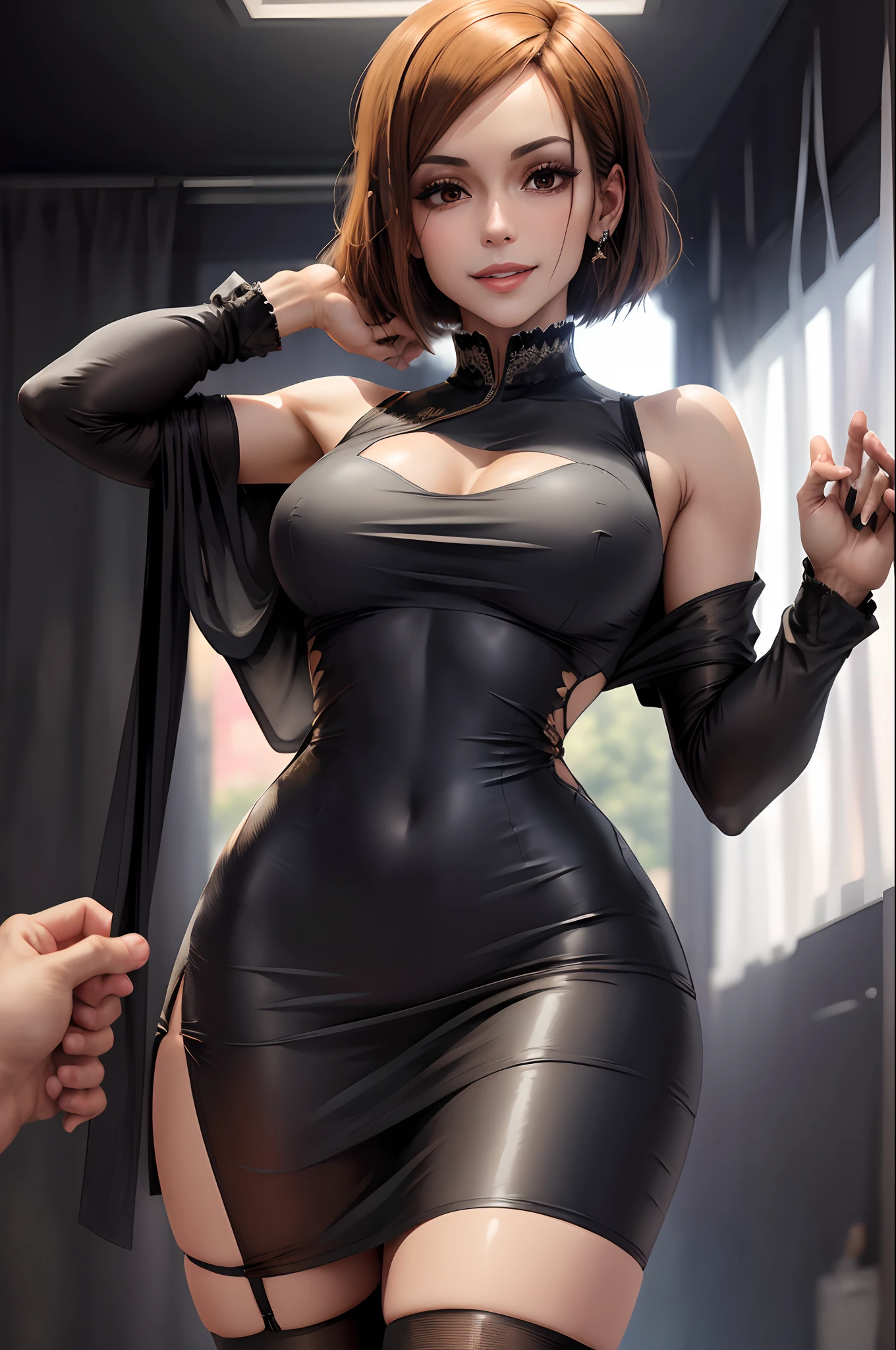 1girl, beautiful NobaraJK, detailed face, seductive face, smile, there is a woman in a black and white outfit posing, very sexy outfit, outfit: cop, sexy outfit, maid outfit, (sfw) safe for work, tight short dress, skintight dress, maid! dress, outfit photo,