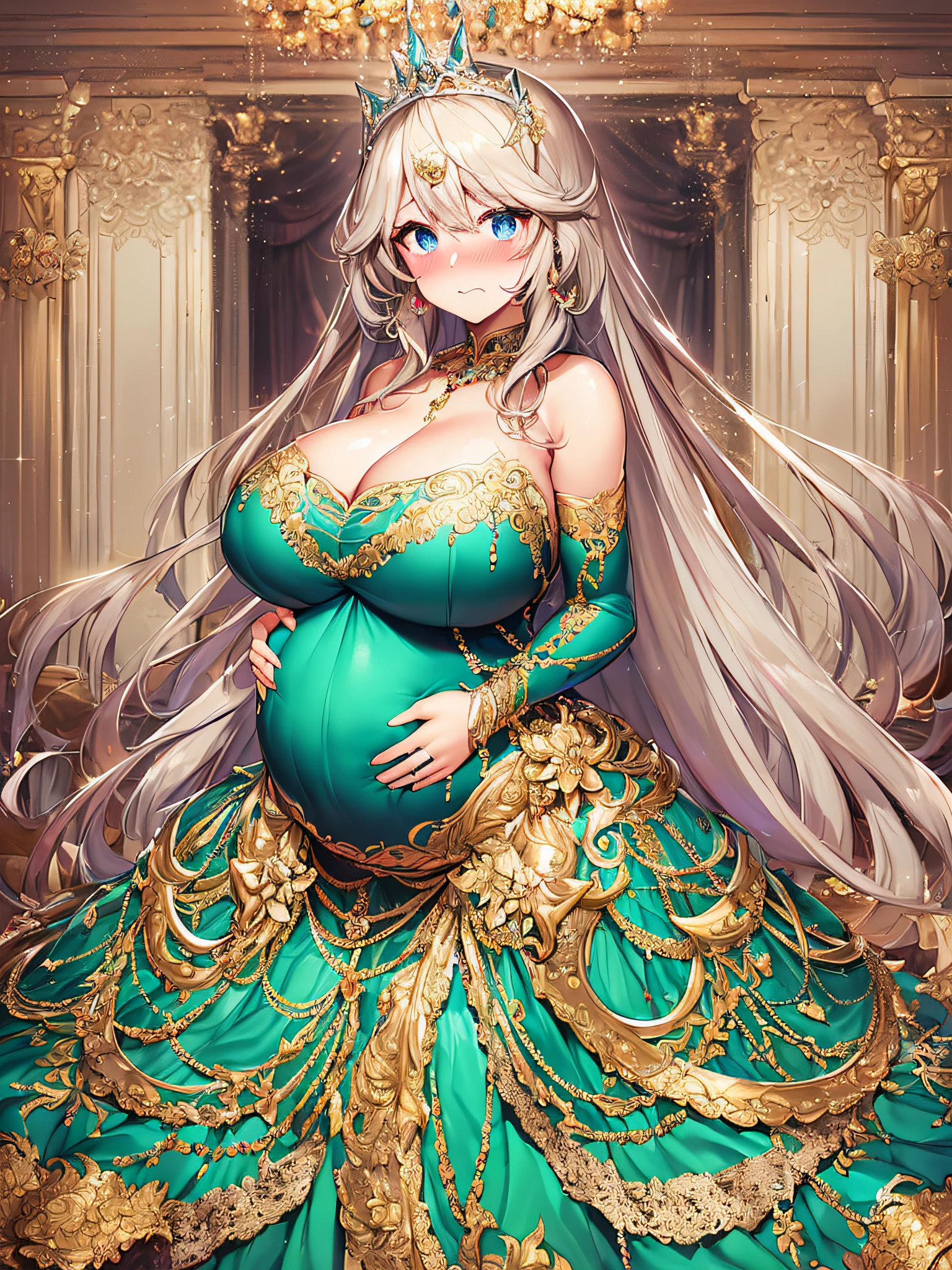 ((anime artstyle)),(Masterpiece),(Best Quality), (Super Detail),((Very Delicate and Beautiful)),(((Solo))),((full body)),(((1 bling-bling pregnant princess in beautiful embroidery and jeweled gorgeous rococo ball gown dress with voluminous full length hoop skirt))),(((heavily pregnant))),very big pregnant belly,((royal bedroom)),((bling-bling)),Long train,(bling-bling gorgeous gemstone jewelry),detailed face and eyes,jewel-like eyes,cry,((embarrassed)),((large amount of straight hair,extremely voluminous Very Long Hair,Very Long Straight Hair)),(((gigantic tits,Long tits))),cleavage,(gorgeousfull embroidery and lace),gorgeous corsage,See-through,extremely gorgeousfull hair ornament,((bling-bling extremely gorgeousfull jeweled tiara)),ornate ruffles,(hoop skirt,crinoline),((Dynamic Angle)),Looking at viewer,((full body)),((beautiful embroidery and jeweled extremely gorgeous rococo ball gown dress with voluminous full length hoop skirt))
