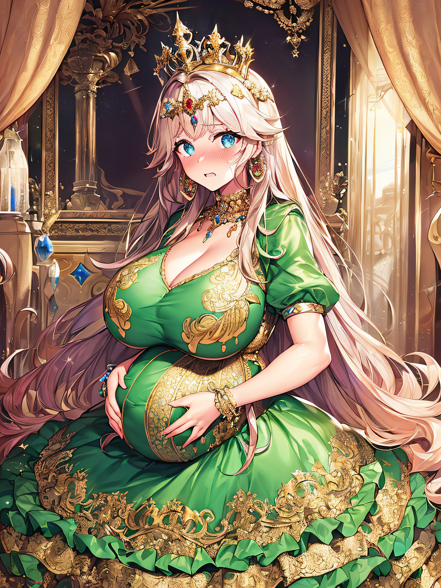 ((anime artstyle)),(Masterpiece),(Best Quality), (Super Detail),((Very Delicate and Beautiful)),(((Solo))),((full body)),(((1 bling-bling pregnant princess in beautiful embroidery and jeweled gorgeous rococo ball gown dress with voluminous full length hoop skirt))),(((heavily pregnant))),very big pregnant belly,((royal bedroom)),((bling-bling)),Long train,(bling-bling gorgeous gemstone jewelry),detailed face and eyes,jewel-like eyes,cry,((embarrassed)),((large amount of straight hair,extremely voluminous Very Long Hair,Very Long Straight Hair)),(((gigantic tits,Long tits))),cleavage,(gorgeousfull embroidery and lace),gorgeous corsage,See-through,extremely gorgeousfull hair ornament,((bling-bling extremely gorgeousfull jeweled tiara)),ornate ruffles,(hoop skirt,crinoline),((Dynamic Angle)),Looking at viewer,((full body)),((beautiful embroidery and jeweled extremely gorgeous rococo ball gown dress with voluminous full length hoop skirt))