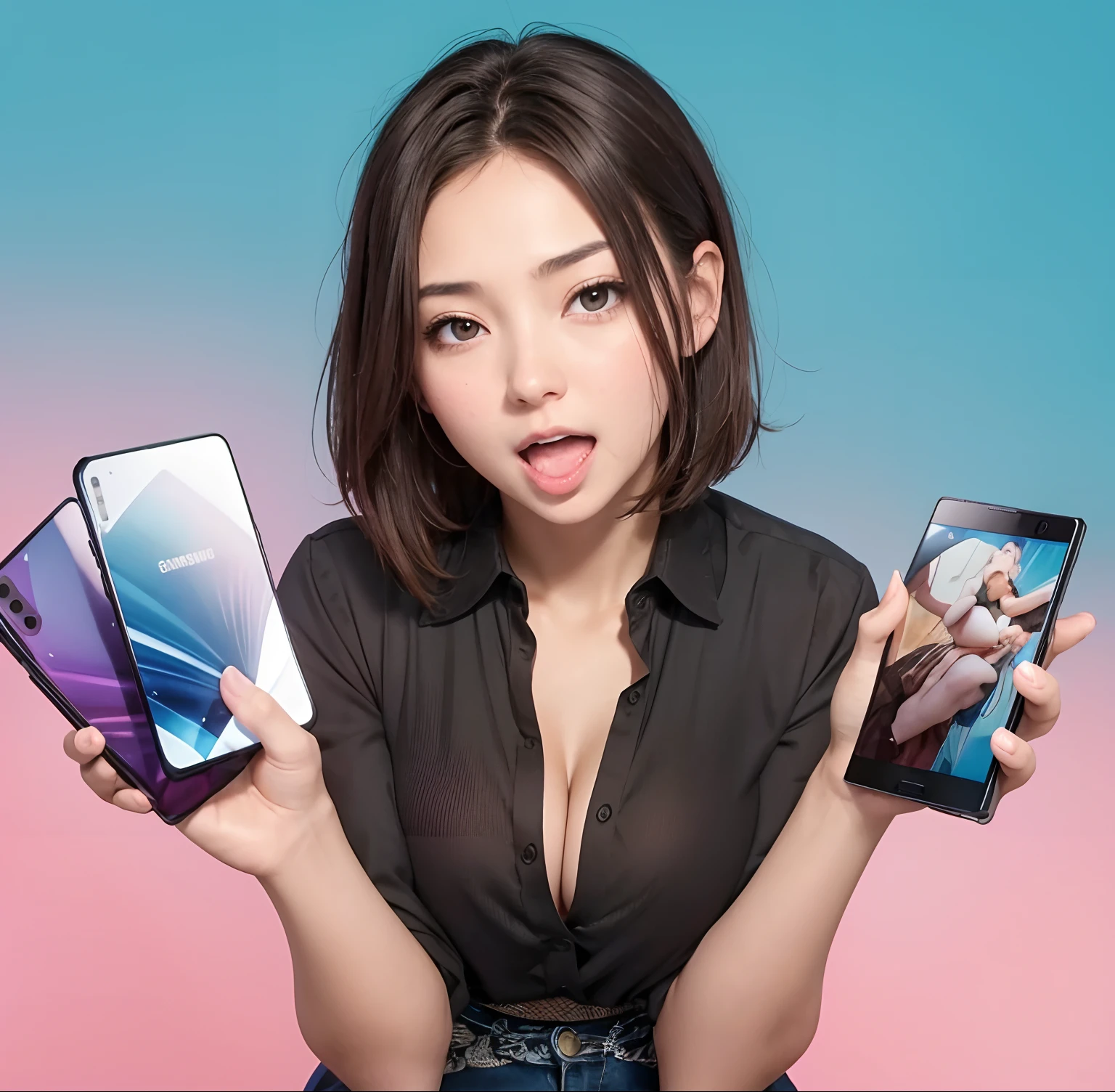 a girl,short brown hair,blue black shirt,cleavage,holding samsung phones,open mouth horny, blushes,
