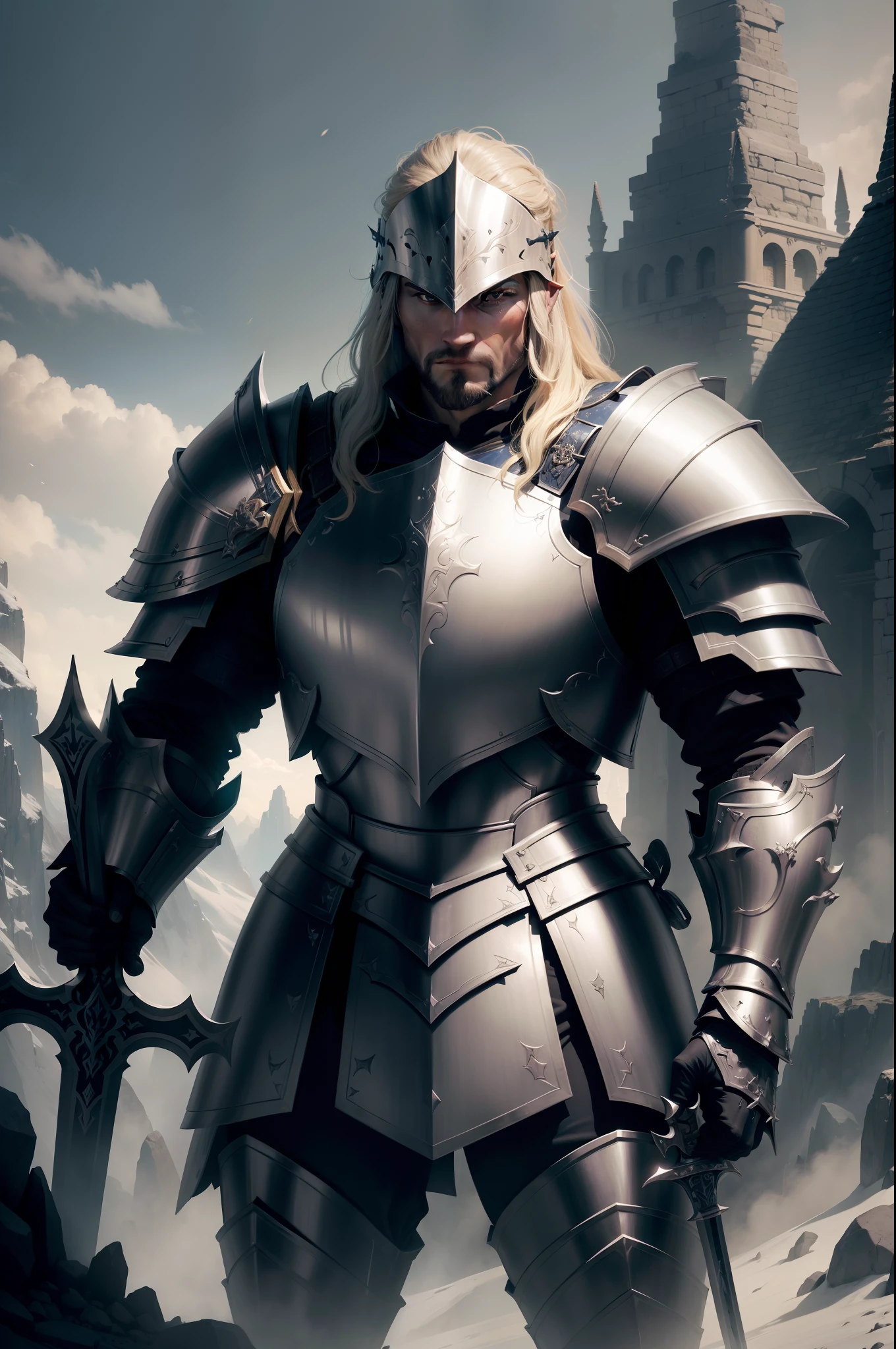 Man in armor holding a sword standing on top of a mountain, Fantasy Paladin, Epic Fantasy Card Game Art, Male Paladin, Strong Fantasy Knight, Epic Paladin Armor, Fantasy Knight, Fantasy Card Game, Fantasy Warrior in Full Armor, Warrior in Armor, Male Paladin Dressed in Ancient Battle Armor, Ares with heavy armor and a sword