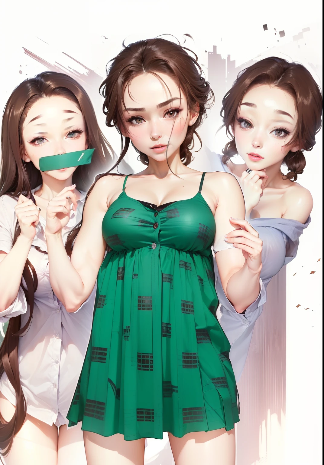 ((Best quality, 8k, Masterpiece :1.3)), Sharp focus :1.2, A pretty woman with perfect figure :1.4, Slender abs :1.2, ((Dark brown hair, :1.2)), (White button up lshirt :1.1), City street:1.2, Highly detailed face and skin texture, Detailed eyes, Double eyelid