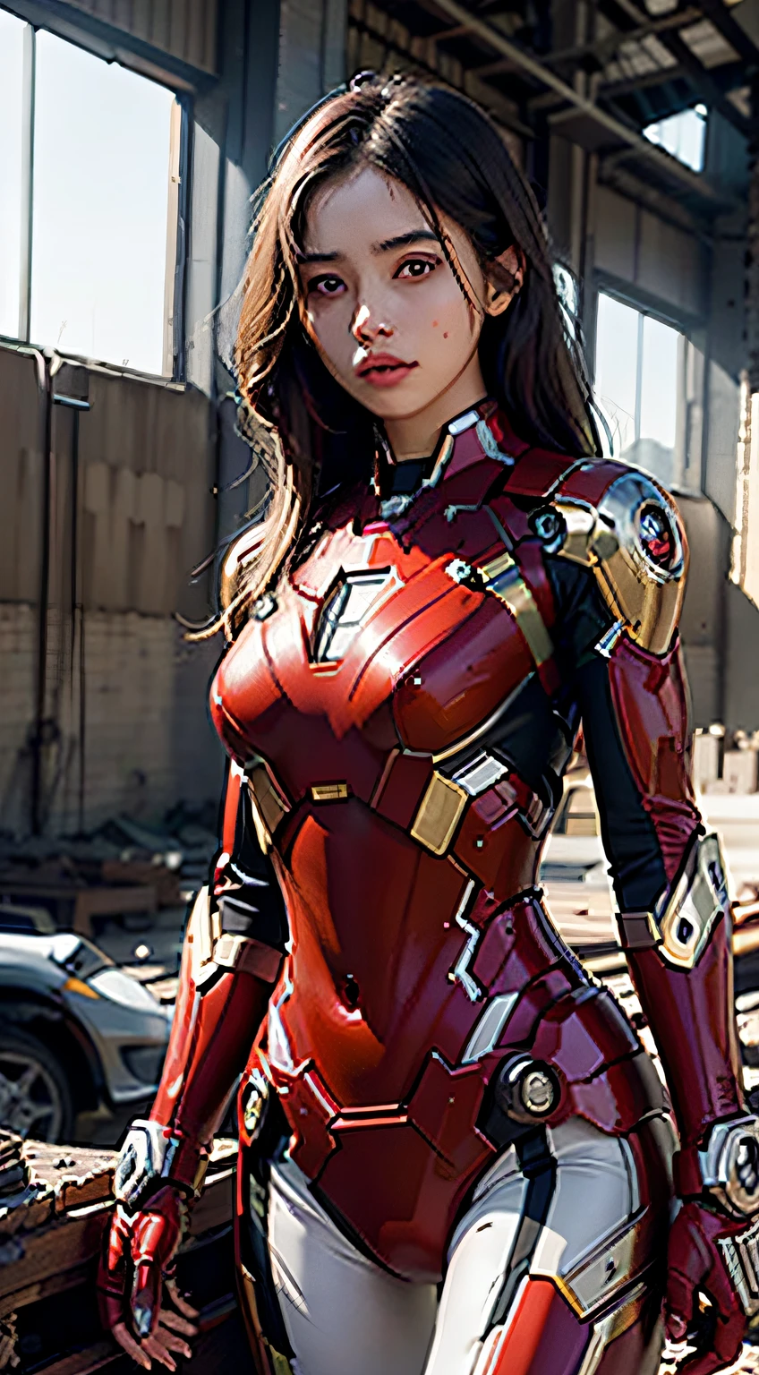 8k, realistic, attractive, highly detailed, a 20 year old girl a sexy and attractive woman inspired by Iron Man wearing a shiny Iron Man mech. She dresses with sexiness and confidence, perfectly interpreting Iron Man&#39;s strength and charisma. The abandoned warehouse serves as a backdrop, creating a unique atmosphere that highlights her bravery and perseverance. The cloudy sky adds a sense of tension and mystery to the whole scene. This high-definition, high-quality picture will bring you a shocking visual experience. The detailed abandoned warehouse and shiny mechs will keep your eyes on you. oc rendering, dramatic lighting, award winning quality