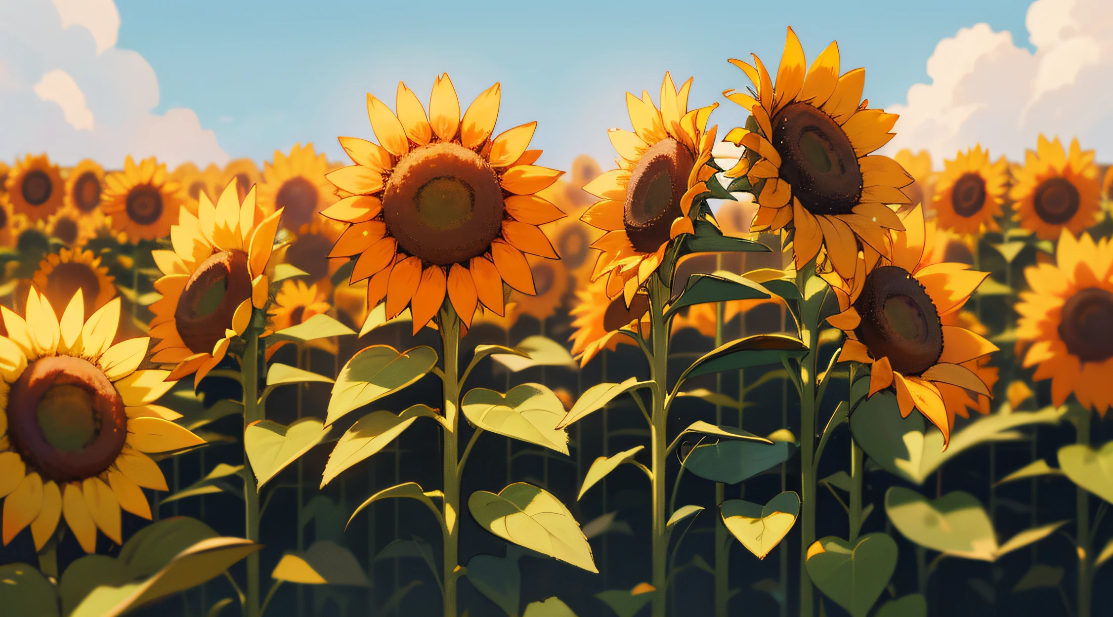 4K, high-level image quality, Background with, (no human figures), Sunflower lined, frontage, Eye level, frombelow, Back lighting, blue-sky, 夏天