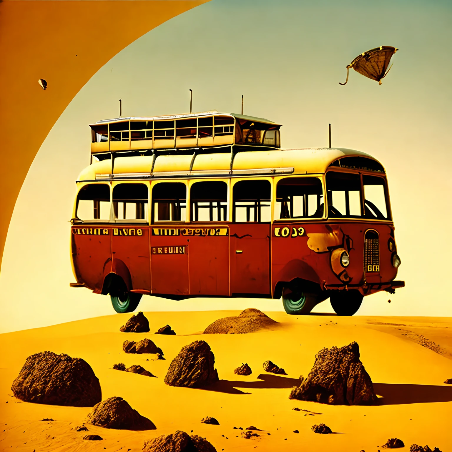 An old bus on Mars, poeira, amarelo, antiquado, humorous.