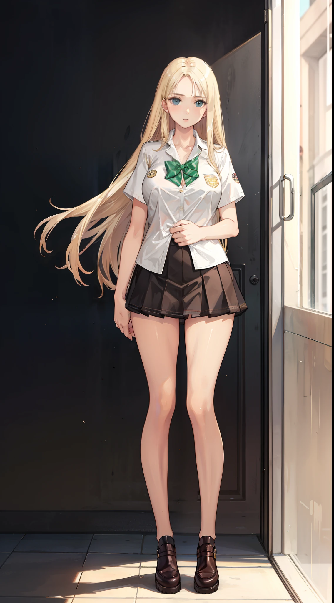 "Blonde-haired girl with flowing locks, dressed in a trendy school uniform featuring a stylish short skirt, highlighting her slender and elegant legs, and alluring cleavage."