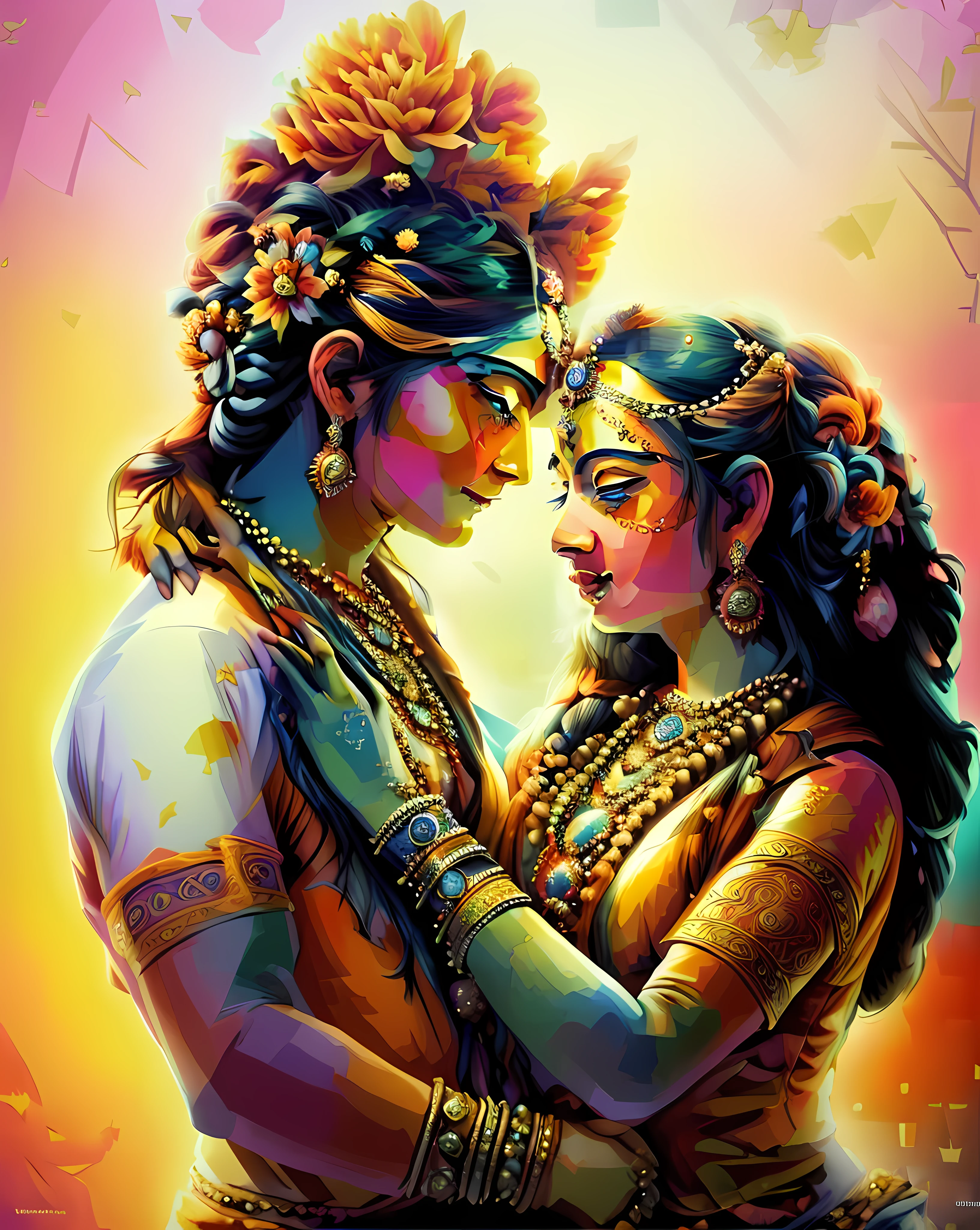 a painting of a couple in love embracing each other, kiss, hindu art, goddess of love, beautiful art uhd 4 k, devainart, hindu aesthetic, the goddess of love, very beautiful photo, 4k art, 8k high quality detailed art, 4 k post, 4k post, indian art, vishnu, beautiful digital artwork, avatar image