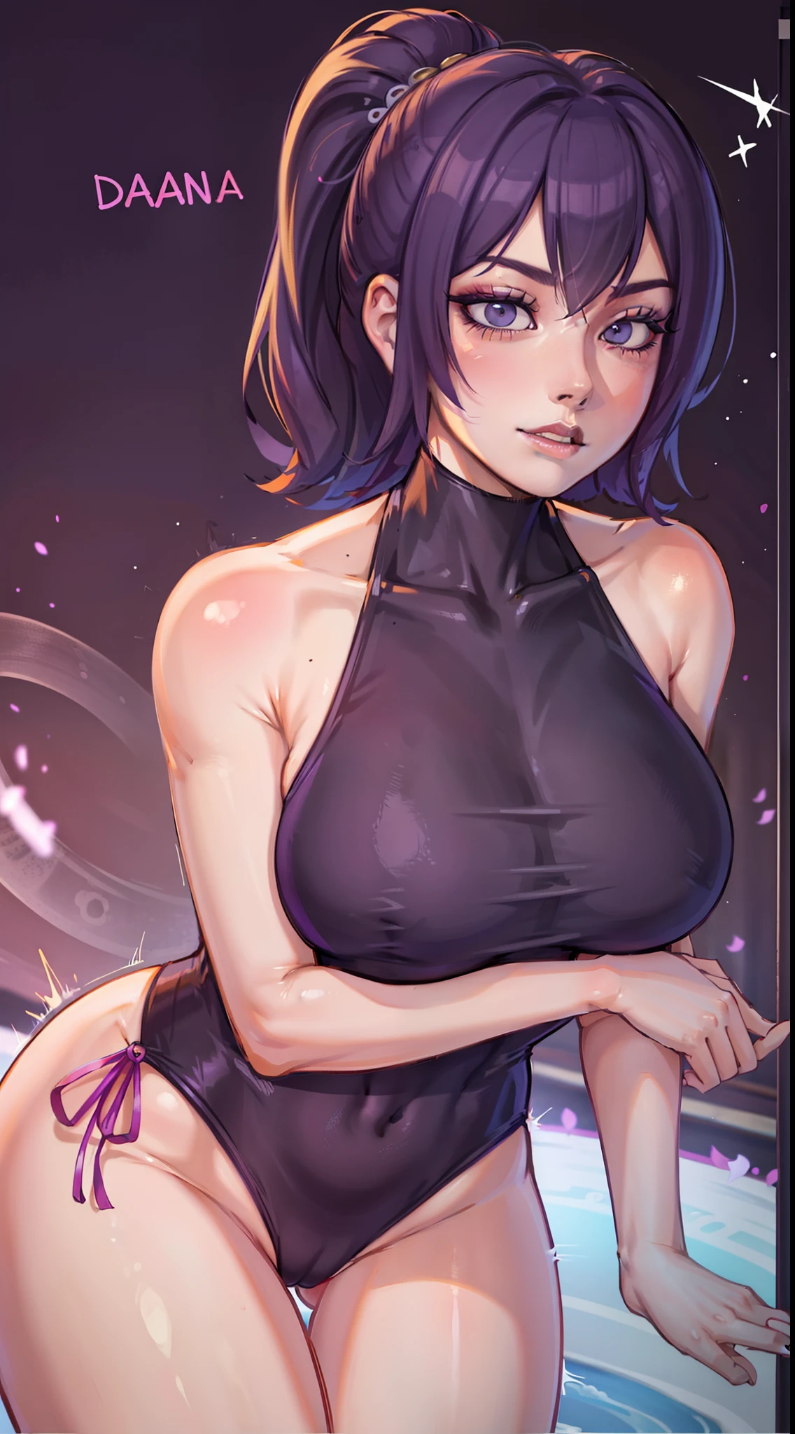 ,maki zennin, mulher,solo, sozinho, peitos pequenos, quadris largos, coxas grossas bunda grande, pose sensual, anatomia perfeito, boa anatomia, good composition,wearing a purple gradient swimsuit