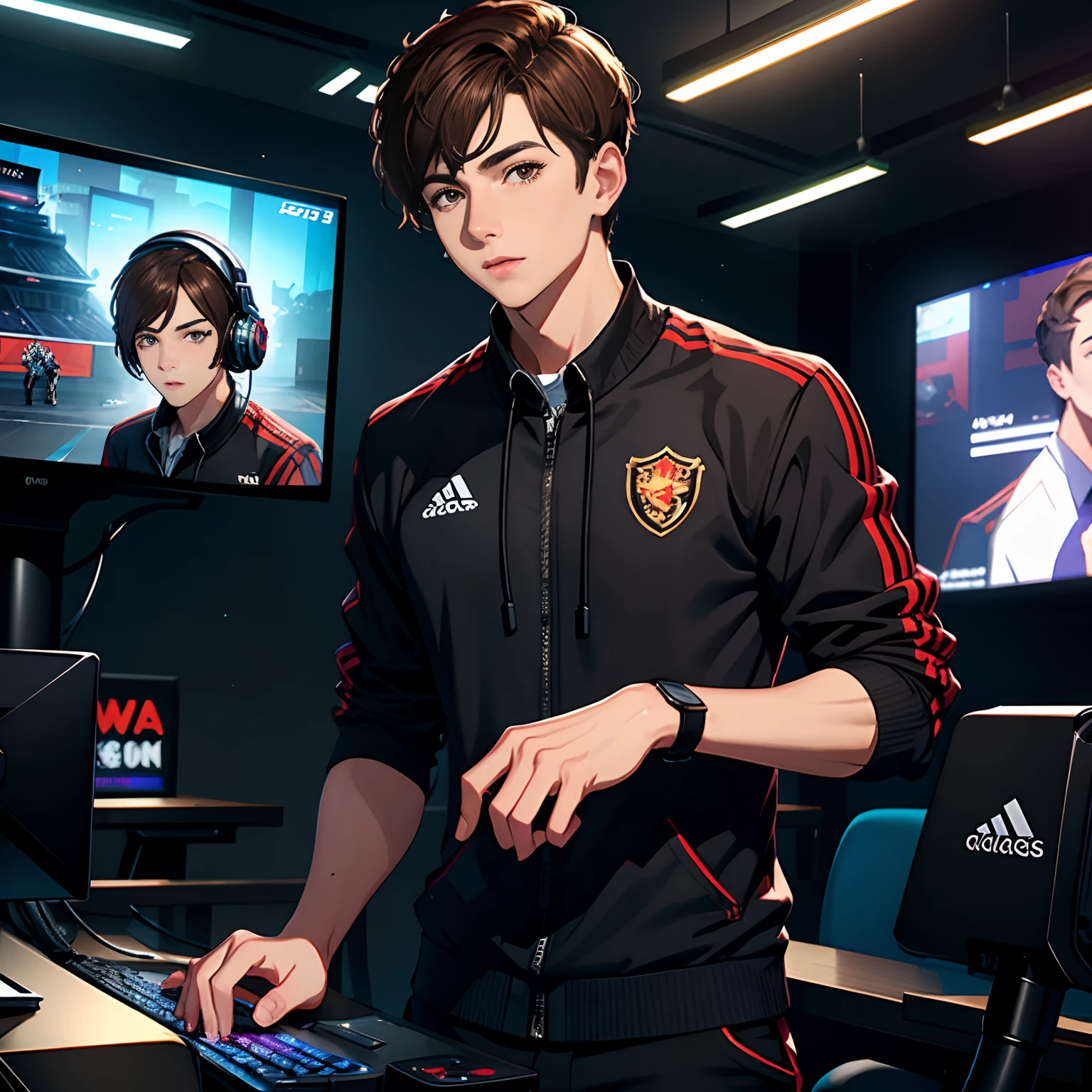 A handsome young man with brown hair，wearing black clothes，Play with your phone in the esports arena，Bring headphones