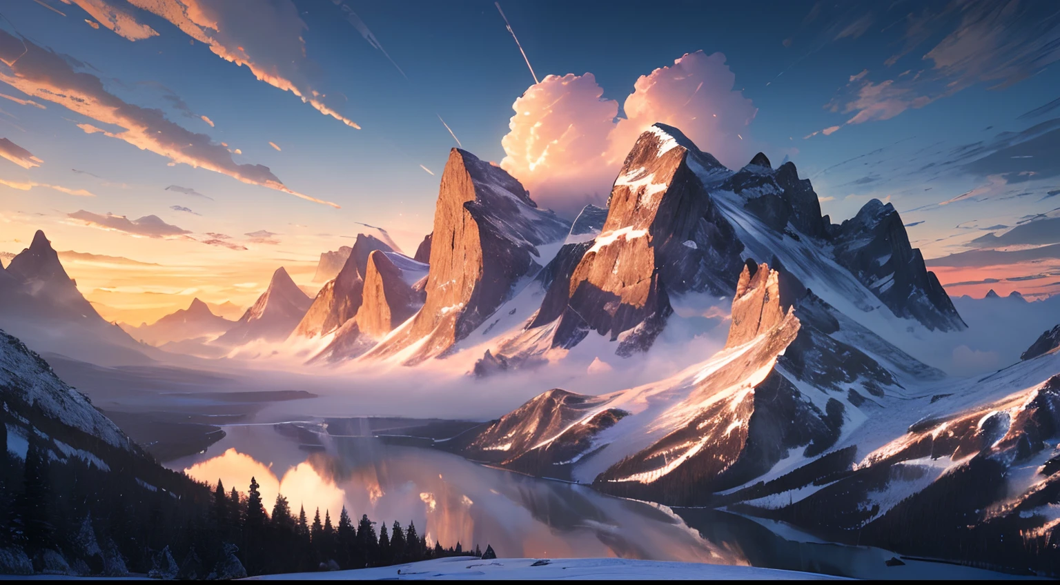 ((masterpiece,best quality,ultra detailed,ultra high res,detailed background)),sunrise,alpine, floe,river,cumulonimbus cloud,woods,sunlight,chiaroscuro,