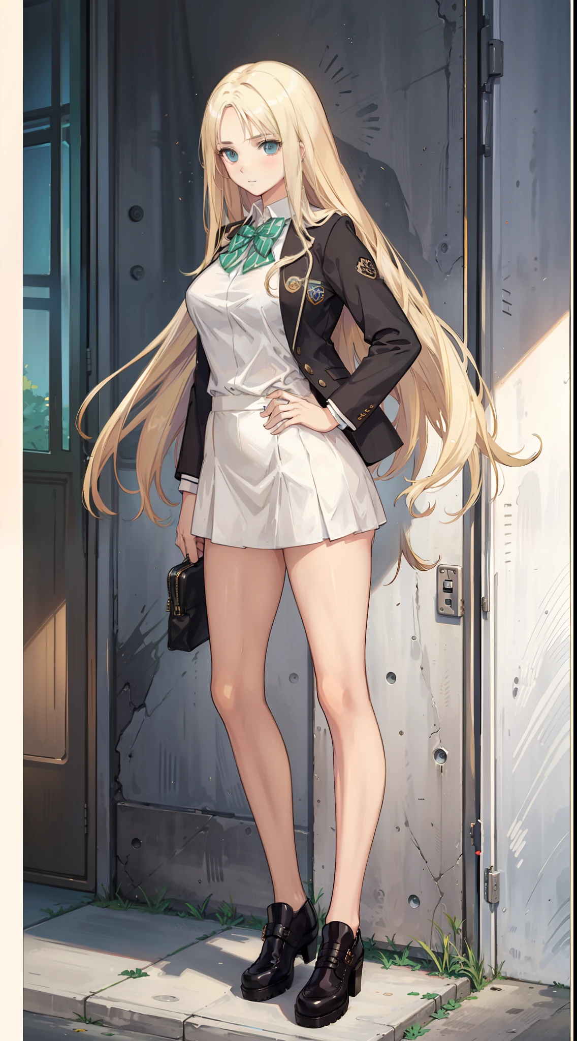 "Blonde-haired girl with flowing locks, dressed in a trendy school uniform featuring a stylish short skirt, highlighting her slender and elegant legs, and alluring cleavage."