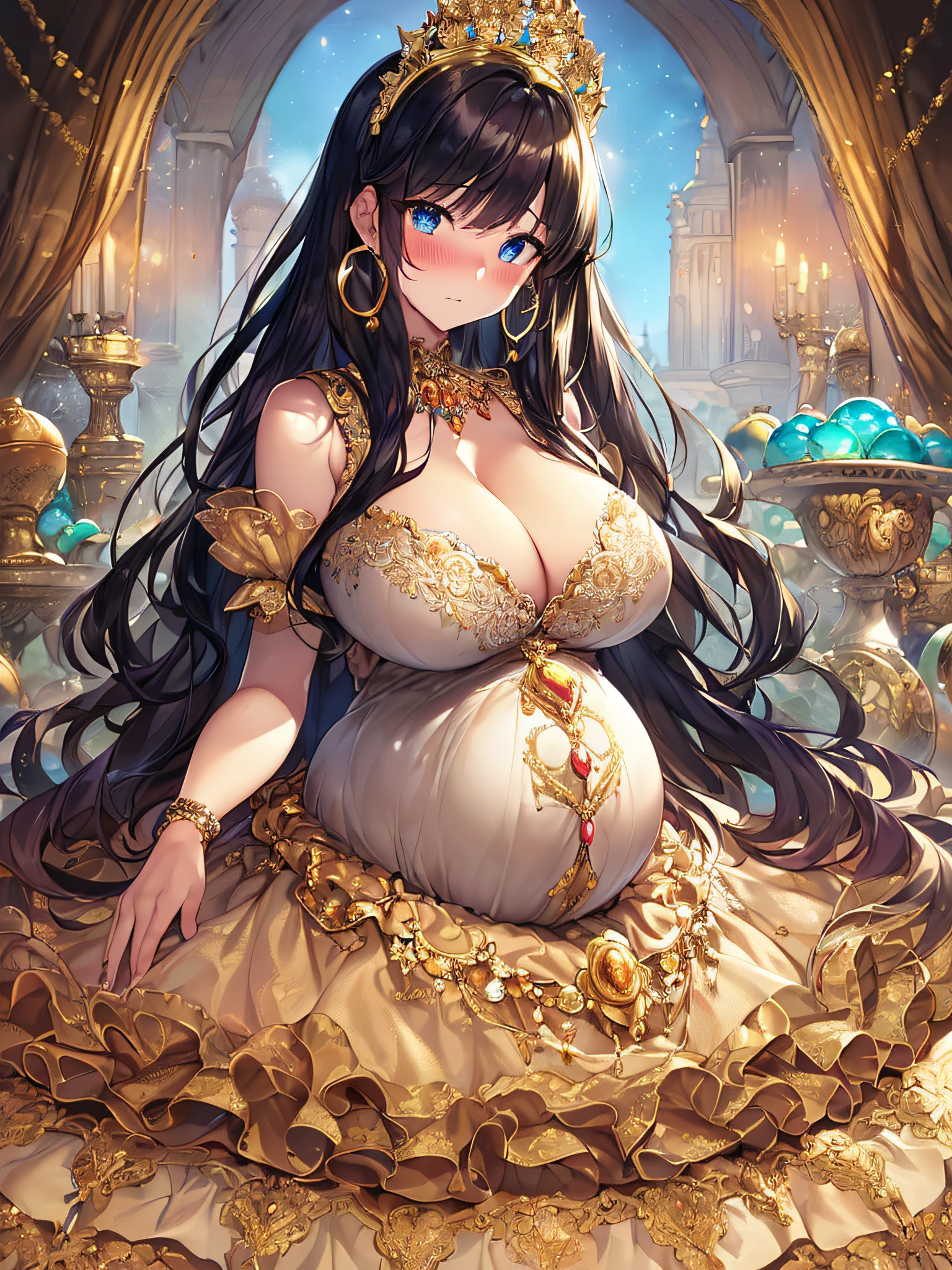 ((anime artstyle)),(Masterpiece),(Best Quality), (Super Detail),((Very Delicate and Beautiful)),(((Solo))),((full body)),(((1 bling-bling pregnant princess in beautiful embroidery and jeweled gorgeous rococo ball gown dress with voluminous full length hoop skirt))),(((heavily pregnant))),very big pregnant belly,((bling-bling)),Long train,(bling-bling gorgeous gemstone jewelry),detailed face and eyes,jewel-like eyes,cry,((embarrassed)),((large amount of straight hair,extremely voluminous Very Long Hair,Very Long Straight Hair)),(((gigantic tits,Long tits))),cleavage,(gorgeousfull embroidery and lace),gorgeous corsage,See-through,extremely gorgeousfull hair ornament,((bling-bling extremely gorgeousfull jeweled tiara)),ornate ruffles,(hoop skirt,crinoline),((Dynamic Angle)),Looking at viewer,((full body)),((beautiful embroidery and jeweled extremely gorgeous rococo ball gown dress with voluminous full length hoop skirt))