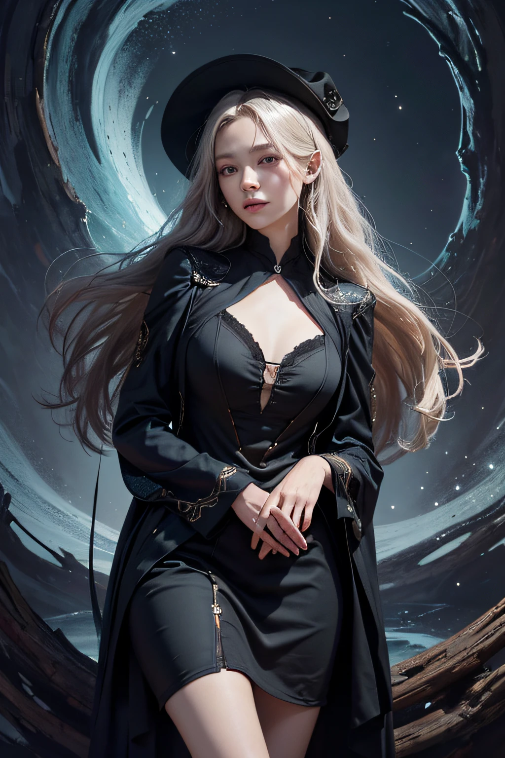 (Front focus),(in the darkness nigth:1.6),full-body portraits,Surrealist portraits of women by David Hockney and Alphonse Mucha,Fantasyart,photographrealistic,动态照明,artstation,poster for,Volumetriclighting,Very detailed faces,4 k,Award-Awarded, 1girl, in the dark, deep shadow, low key, cowboy shot, (official clothes:1.4), long whitr hair, whaite hair