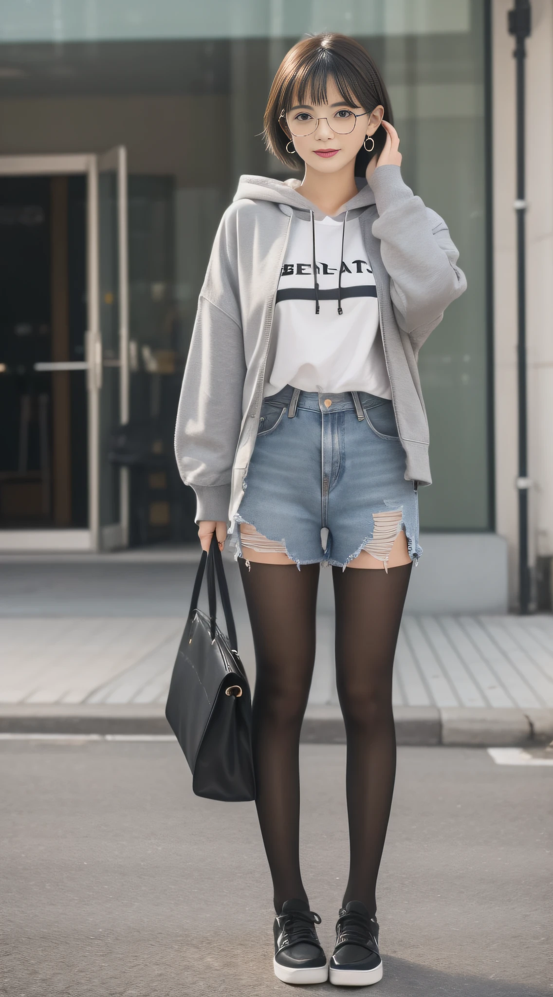 （One student 1.5），（true to life，Photorealistic 1.5）,((best qualtiy, 8K, tmasterpiece:1.3)),SLR camera (二重まぶた，largeeyes:1.3),（smile1.5），（Full body photo 1.5）（One person 1.5）Clear focus 1.2, Perfect body beauty:1.4 , Delicate skin1.1，（Short black hair 1.6），（Fashion watch 1.4），（Pure desire 1.3）(Black pantyhose 1.5)（The leg length is one meter two，1.5），Gray hooded sweatshirt，denim short，canvas shoe，With earrings，bangle，circle glasses，School Classroom