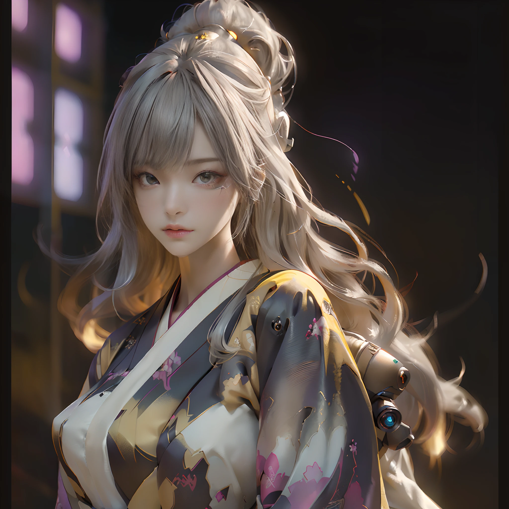 full body, bared legs, night time, firework festival, firework at sky, (firework at sky as background:1.2), (yellow color kimono:1.3), (Best Quality), ((Masterpiece), (Detail: 1.4), 3D, A Beautiful Cyberpunk Woman, HDR (High Dynamic Range), Ray Tracing, NVIDIA RTX, Super-Resolution, Unreal 5, Subsurface Scattering, PBR Textures, Post-Processing, Anisotropic Filtering, Depth of Field, Maximum Sharpness and Clarity, Multi-layer Textures, Albedo and Highlight Maps, Surface Shading, Exact simulation of light-material interactions, perfect proportions, Octane Render, bicolor light, large aperture, low ISO, white balance, rule of thirds, 8K RAW, close-up of a woman with very long hair and a very large body, perfect anime robot woman, anime robot with organic mix, best anime 4K konachan wallpaper, detailed digital anime art, beautiful girl cyborg, portrait of cyborg queen, cyborg - silver girl, biomechanics oppai, Digital cyberpunk anime art