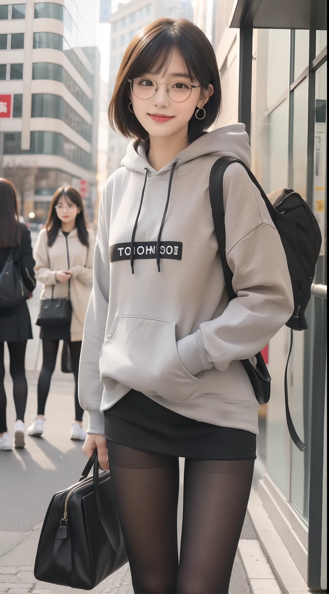 （One student 1.5），（true to life，Photorealistic 1.5）,((best qualtiy, 8K, tmasterpiece:1.3)),SLR camera (二重まぶた，largeeyes:1.3),（smile1.5），（Full body photo 1.5）（One person 1.5）Clear focus 1.2, Perfect body beauty:1.4 , Delicate skin1.1，（Short black hair 1.6），（Fashion watch 1.4），（Pure desire 1.3）(Black pantyhose 1.5)（The leg length is one meter two，1.5），Gray hooded sweatshirt，denim short，canvas shoe，With earrings，bangle，circle glasses，School Classroom
