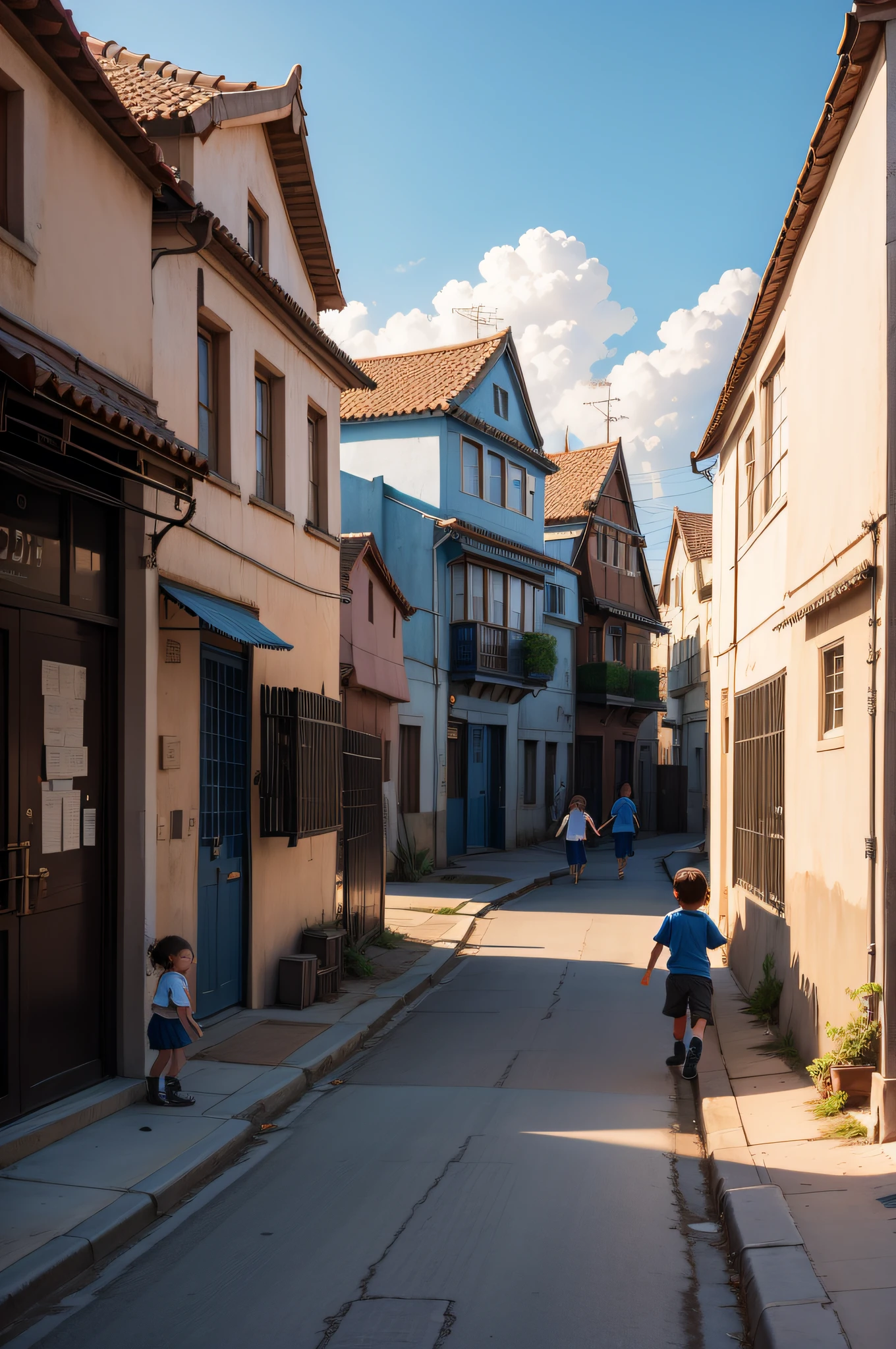 Children playing in the blue sky street