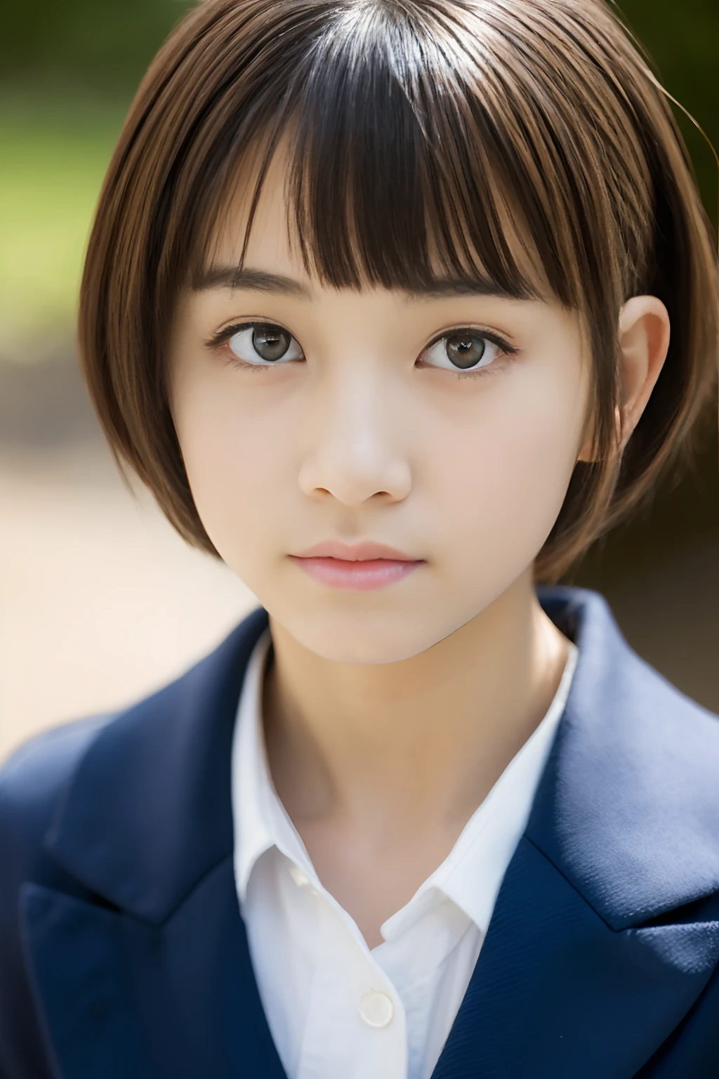 Lens 135mm f1.8,(Best Quality),(masutepiece:1.1), (Beautiful  girl),japanaese girl,   Cute face,  ((flat chest)), (Small breasts),
(Chiseled face:0.7),  (hitornfreckles:0.6),  Cute lips, (close-up:1.4), shame, (pixie cut),
Dappled sunlight, Dramatic Lighting, (Japan school uniform), (in a school),