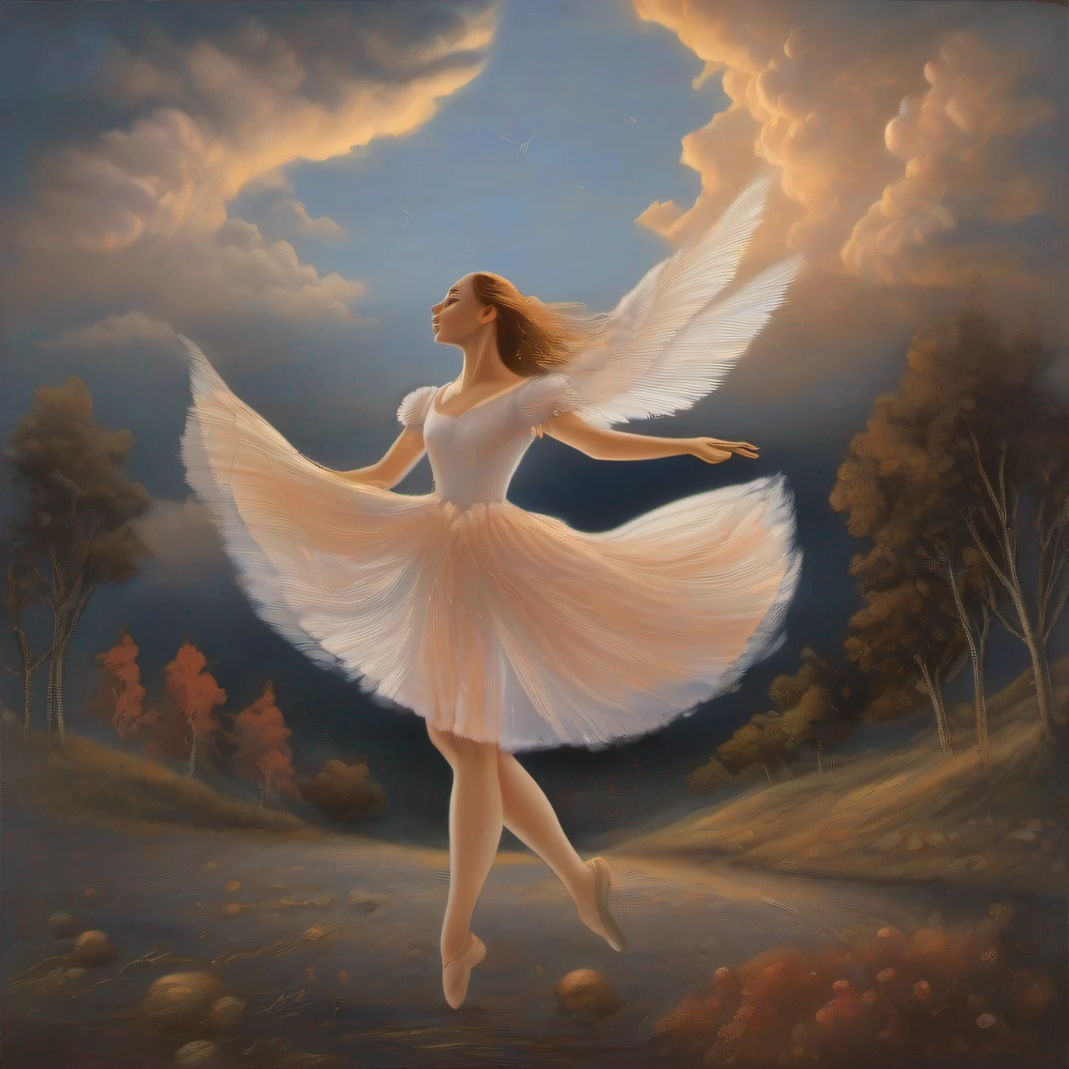 The illustration depicts a magical scene from the tale "A Bailarina das Nuvens". No limiar entre dia e noite, the sky displays red and gold tones, envolvendo a bailarina em uma atmosfera espiritual. No centro da imagem, The ethereal ballerina hovers over clouds, trajando um tutu de penas brancas que flutuam como raios de luz.

She dances in perfect harmony, representada em uma pirueta graciosa, Arms outstretched and legs in elegant position. O tutu de penas acompanha seu movimento, conferindo fluidez. His face is divinely illuminated, destacando sua beleza angelical.

Abaixo, clouds disperse as she dances, Creating a Celestial Scenario. The golden dawn symbolizes the connection between divine and human.

The contrast between the celestial ballerina and the earthly filth is evidenced by the stains on the feathers, symbolizing human contamination. The changing sky and floating clouds generate dynamism, while the ballerina is the central figure, evoking reflection on transcendence and sacrifice.