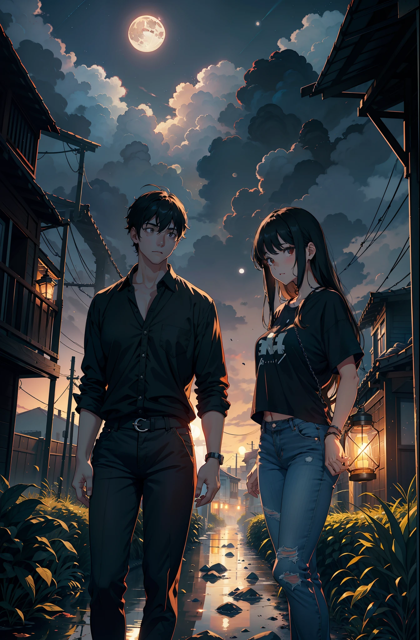One girl, happy, moon, 24-years, lantern, night, ground, Wide black t-shirt with black chain, jeans, Slightly chubby, nose is small, not too pointed, long hair, slightly wavy, boobs big, brown hair without bangs, holding nothing in his hand