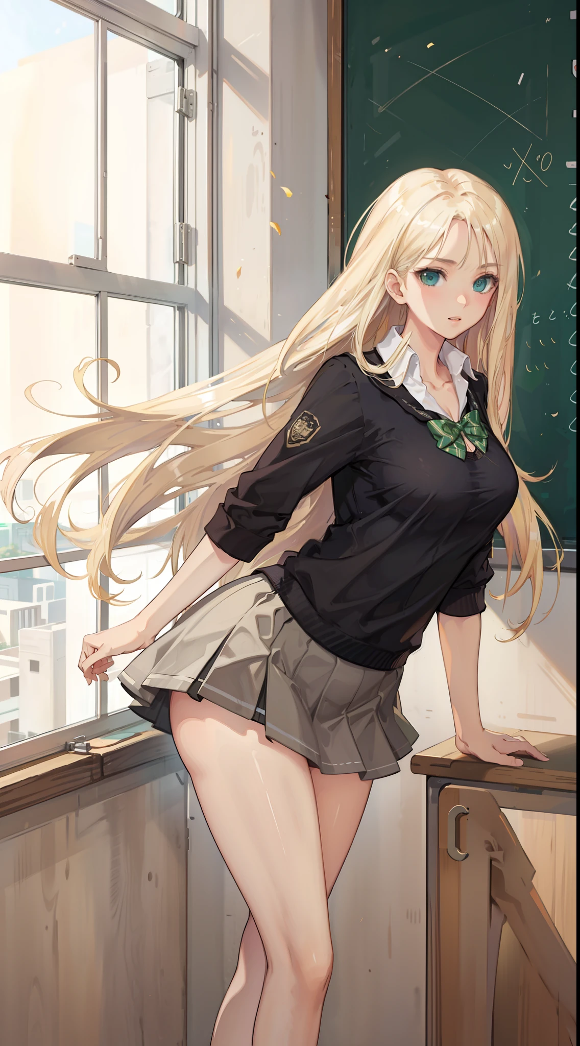 blonde hair, long hair, green eyes, happy, school uniform, short skirt, medium breast, cleavage, classroom, slim legs