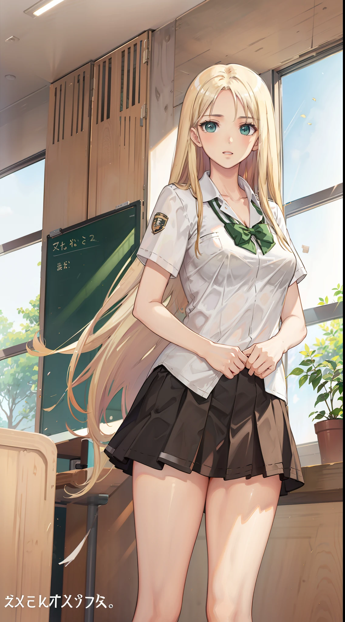 blonde hair, long hair, green eyes, happy, school uniform, short skirt, medium breast, cleavage, classroom, slim legs