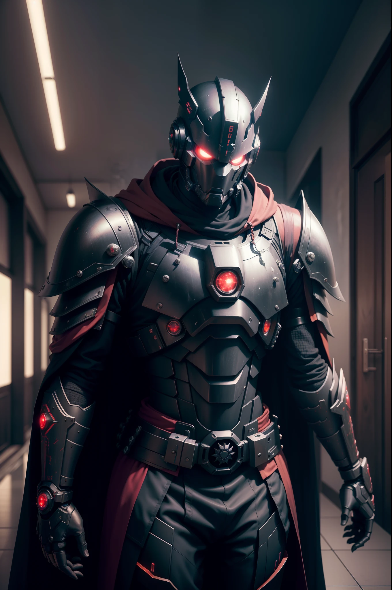 Dark_Fantasy,Cyberpunk,1manMechanical marvel,Robotic presence,Cybernetic guardian, samurai mechanical armour, katana on the waist, absolutely stunning art,wearing a black cloak, highest quality art, highest resolution, hyper detailed,black and red, futuristic, samurai robot, atmospheric,8k,64k, HD, unparalleled masterpiece, dynamic lighting, cinematic, epic