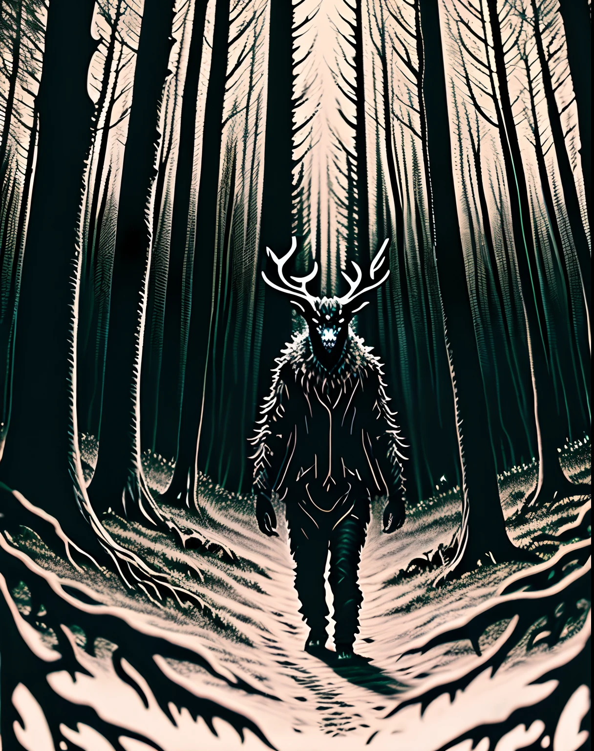 humanoid monster in the woods at night, horror, wendigo, demonic, deer monster, beast creature