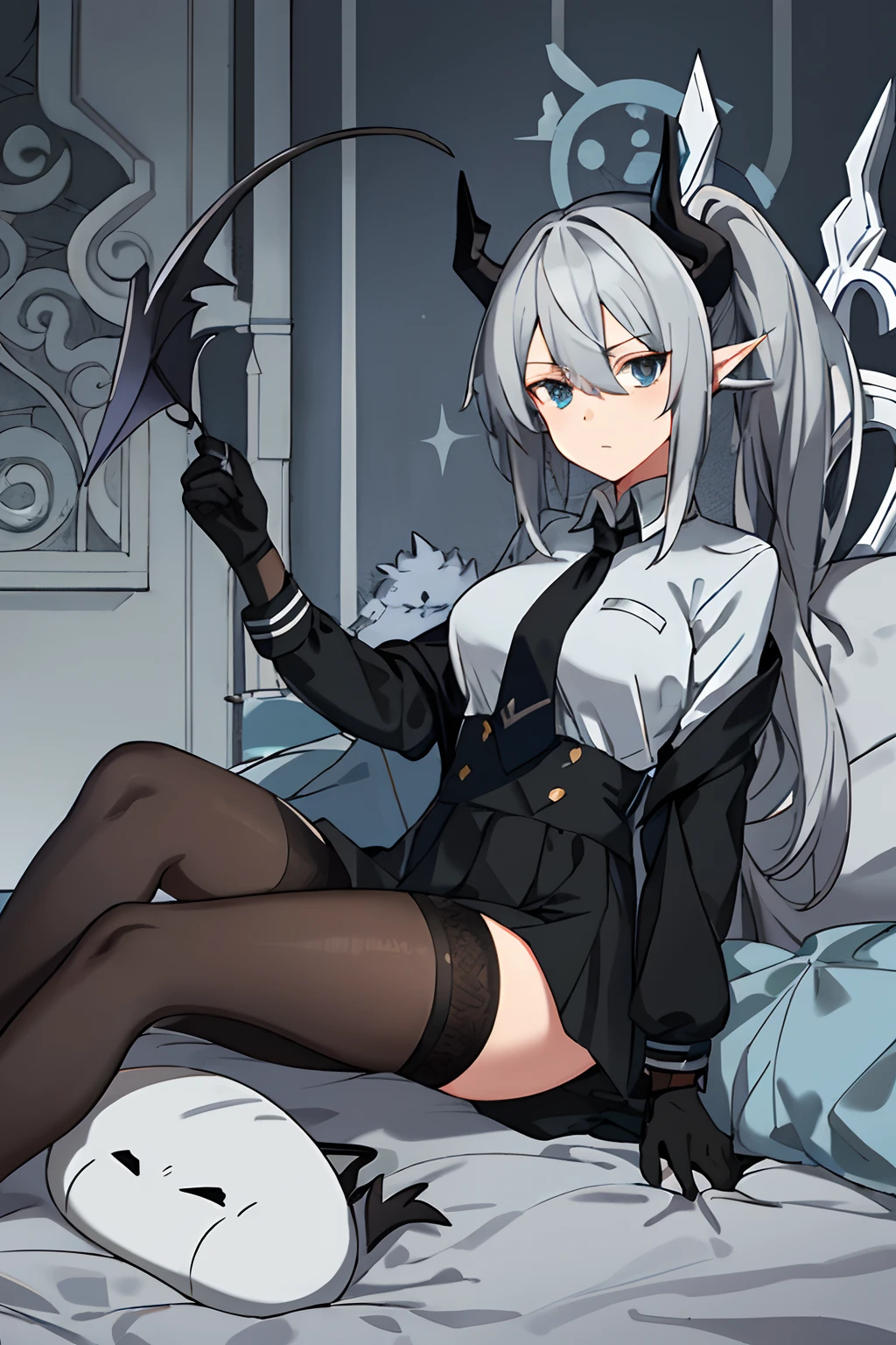 medium boob，Gray hair，blue grey eyes，Peaceful and gentle，Dragon girl，devil horns，Dragon tail，style of anime，Stockings，校服，black glove，solo person