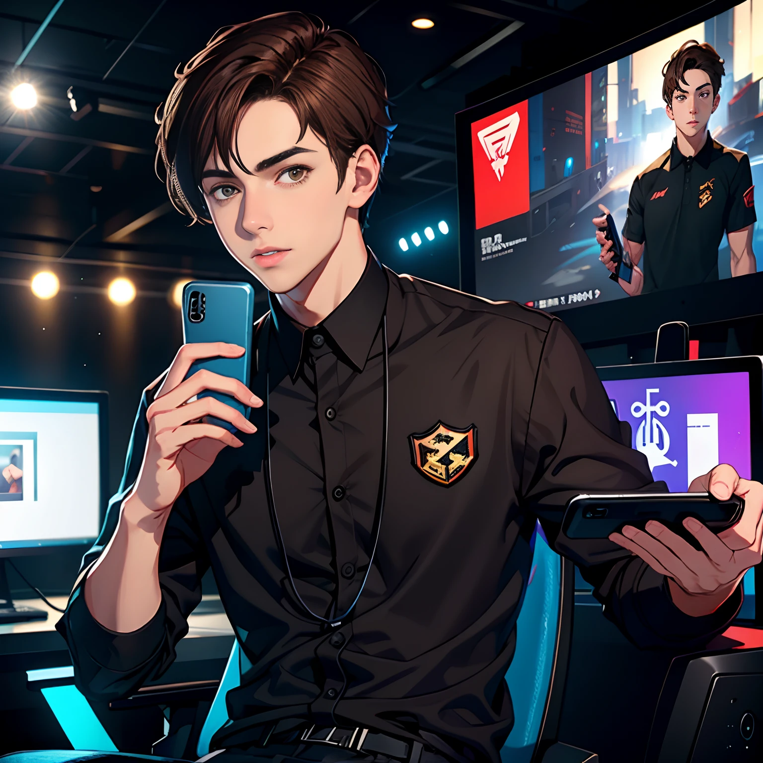A handsome young man with brown hair,wearing black clothes,Play with your phone in the esports arena,Bring headphones