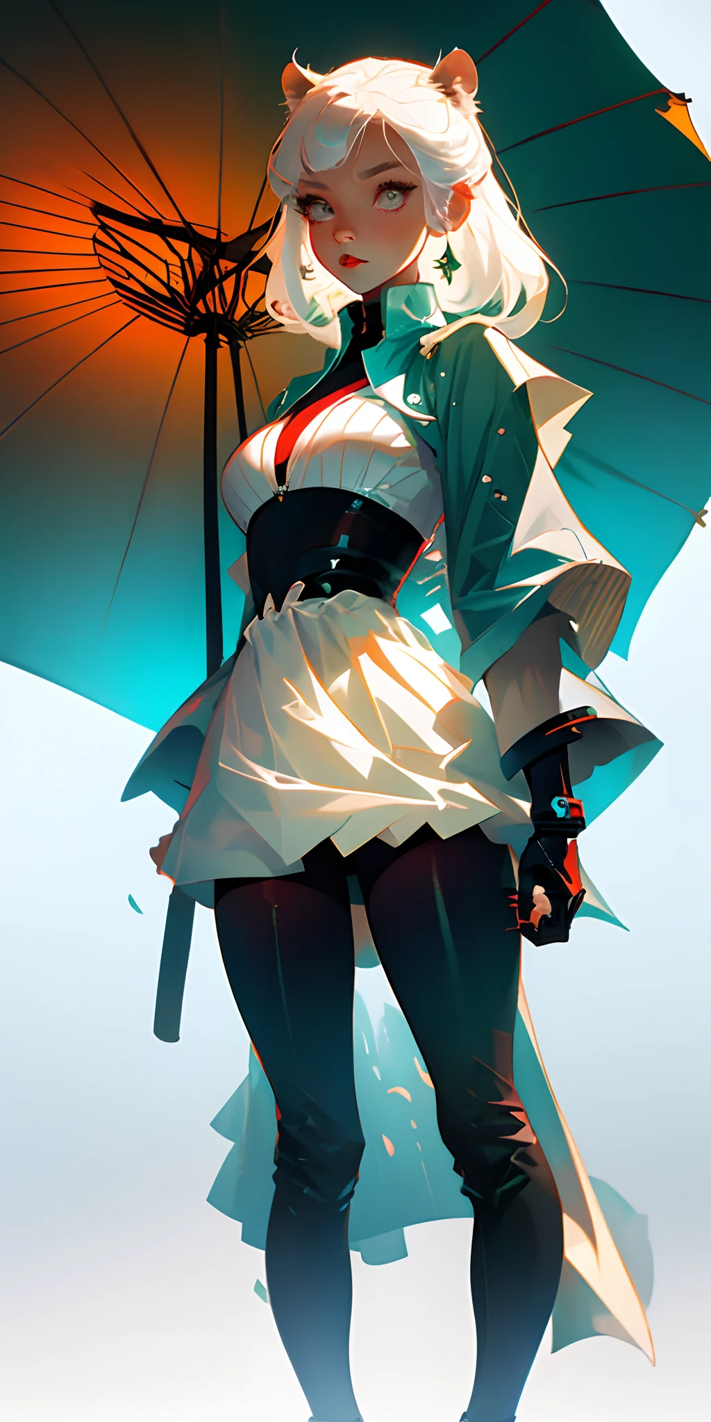 Japanese，anime big breast，Cute girl，2D，white color hair，Small white dress，Holding an umbrella，cyber punk perssonage，Little tiger tooth