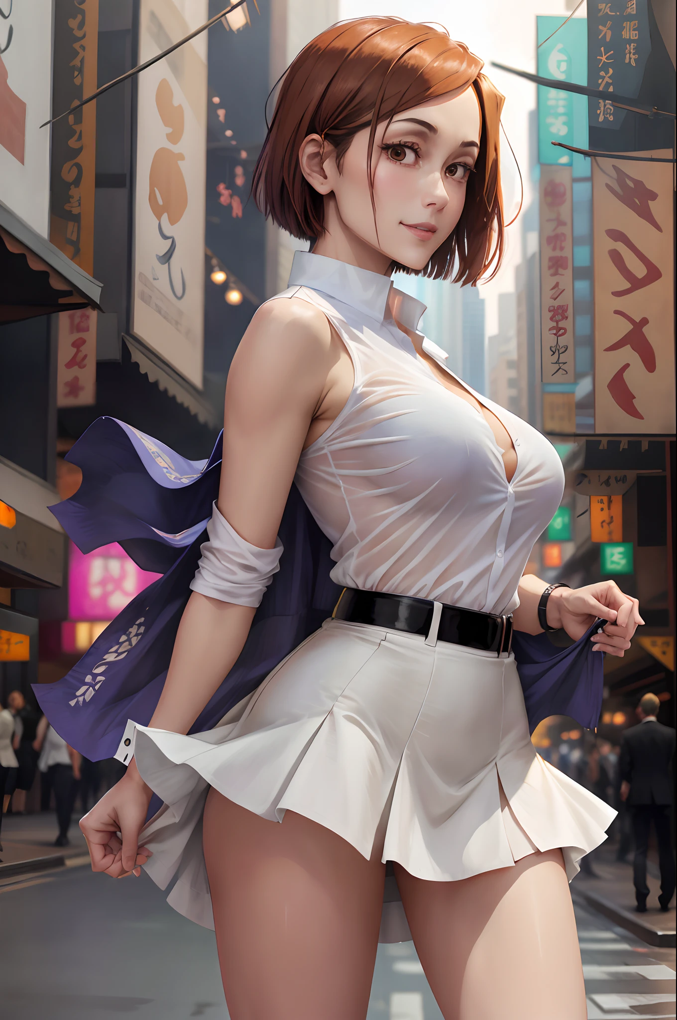 1girl, beautiful NobaraJK, blured city background, detailed face, happy, seductive face, there is a woman in a jujutsu kaisen college uniform outfit posing, very sexy outfit, outfit: white shirt with croppet above, sexy outfit, skirt, (nsfw) safe for work, tight short dress, skintight dress, undress, cameltoe