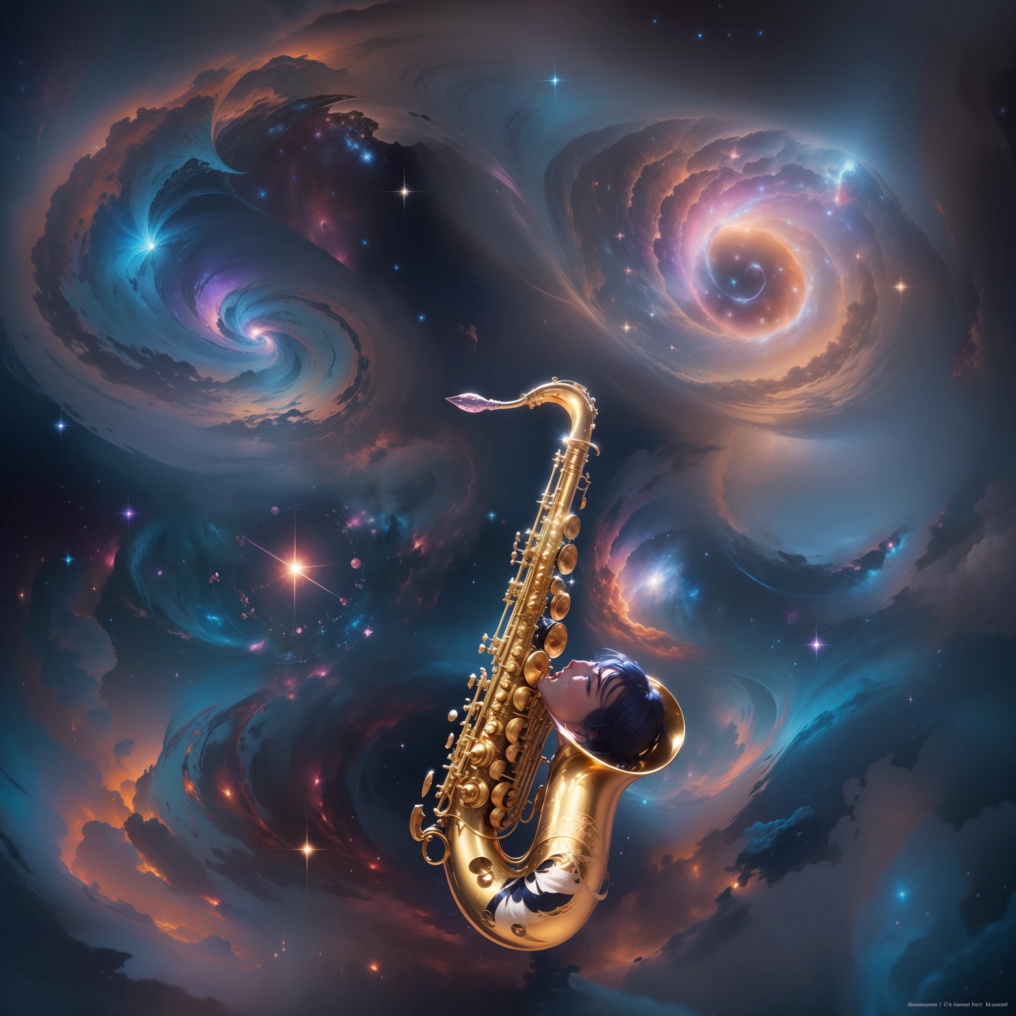 At the heart of a shimmering nebula, where bright colors dance to the rhythm of the universe, un saxophone flotte majestueusement. Its touches sparkle like stars, while its haunting melody spreads into infinite space. 

Imagine being the protagonist of this cosmic scene, An intrepid musician ready to tell an epic story with your magical instrument. The notes of your saxophone transcend the boundaries of reality and make every atom vibrate around you.

The colors of the nebula harmonize with the different tones you play. Shades of azure blue intertwine with pink and purple, creating a tableau vivant of pure magic. The stars seem to dance with delight listening to your passionate solos.

The neighboring planets stop in their race to listen to you play, captivated by the celestial melody that envelops them. Alien creatures gather around you, leurs yeux brillants de fascination. You invite them to join you, to improvise and create an unprecedented intergalactic symphony.

As your music resonates through the nebula, A positive and revitalizing energy spreads, healing wounded souls and bringing joy to all who hear it. Beings from distant worlds feel connected by the power of sound, transcending the barriers of distance and time.

While you play with passion and express pure emotion through your saxophone, You realize that music is the universal language of the soul. It is able to touch hearts and awaken sleeping minds, creating bridges between worlds and beings.

Dans cet univers infini et chatoyant, you rise, Carried by the magic of music and the beauty of the stars. Tu deviens le gardien de l'harmonie cosmique, A celestial messenger whose voice echoes through galaxies. And through your saxophone, You continue to illuminate the universe of your talent
