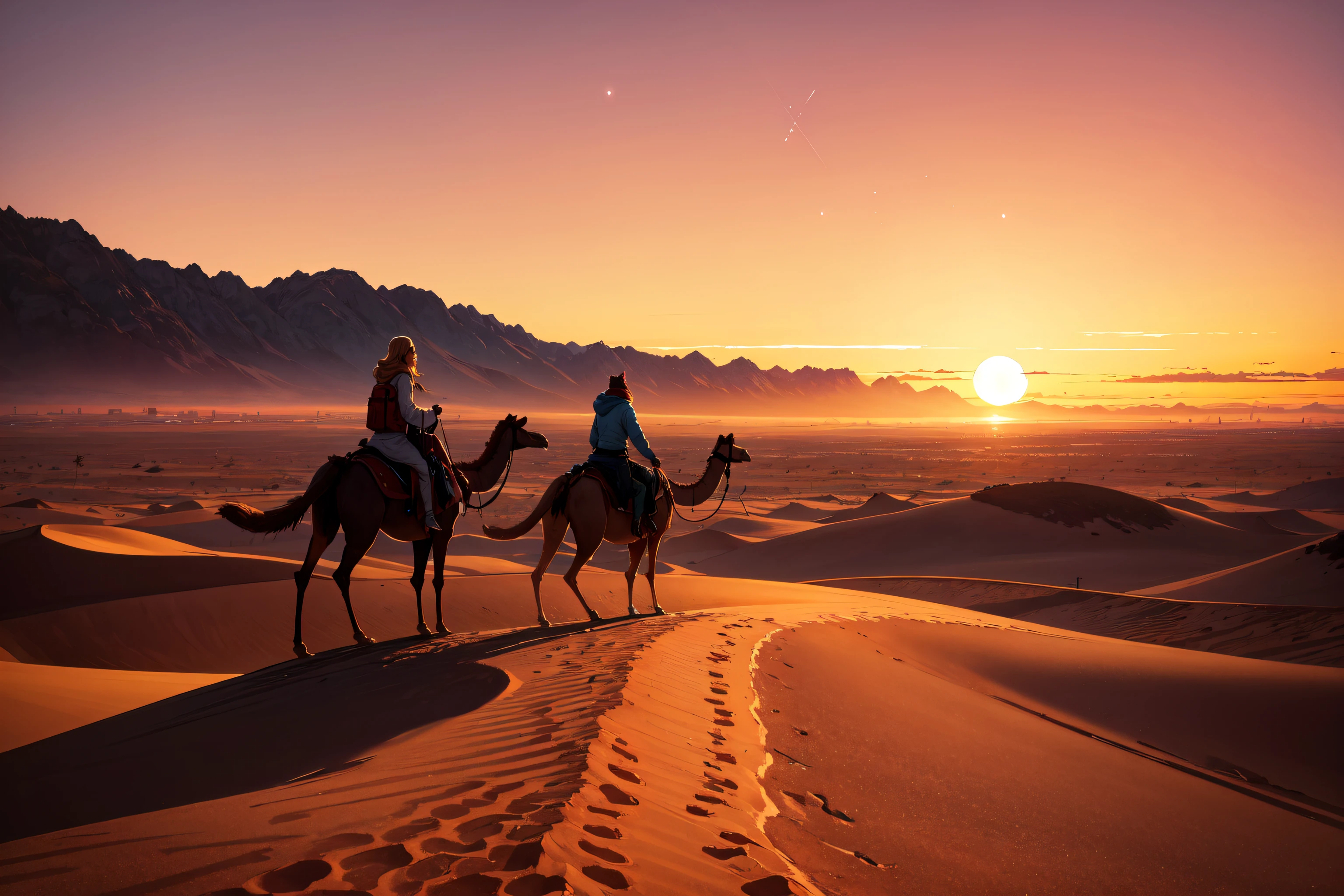 absurdres, highres, best quality, landscape, scenery, sunset, meteor, plains, desert, camel,