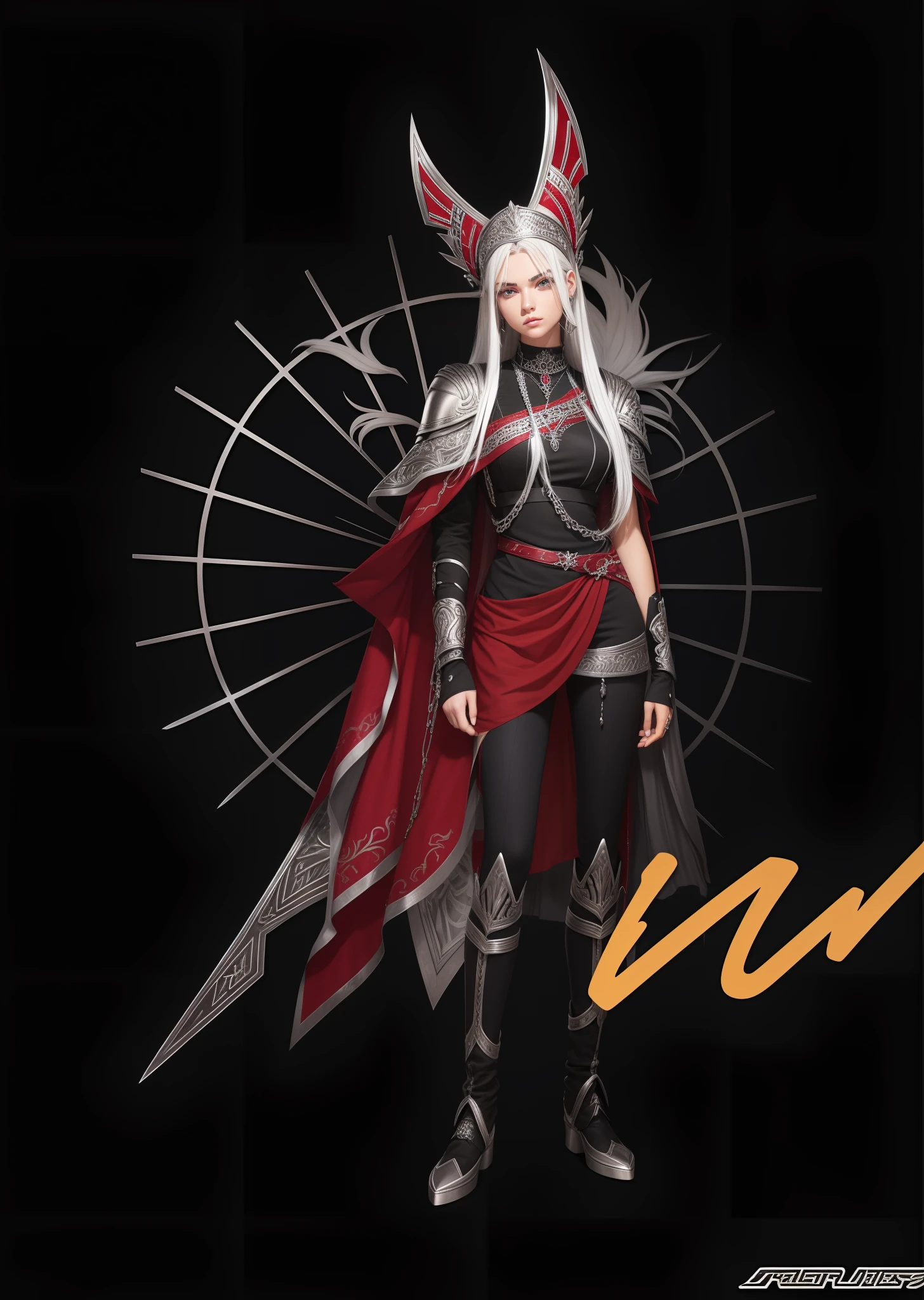Tall warrior girl 23 years old with white hair and gray eyes, dressed in black and silver clothes. Silver elements and jewelry. An abundance of silver. Grey clothes